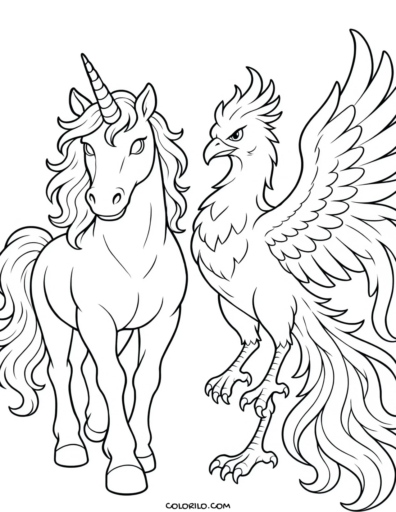 A unicorn beside a phoenix coloring page