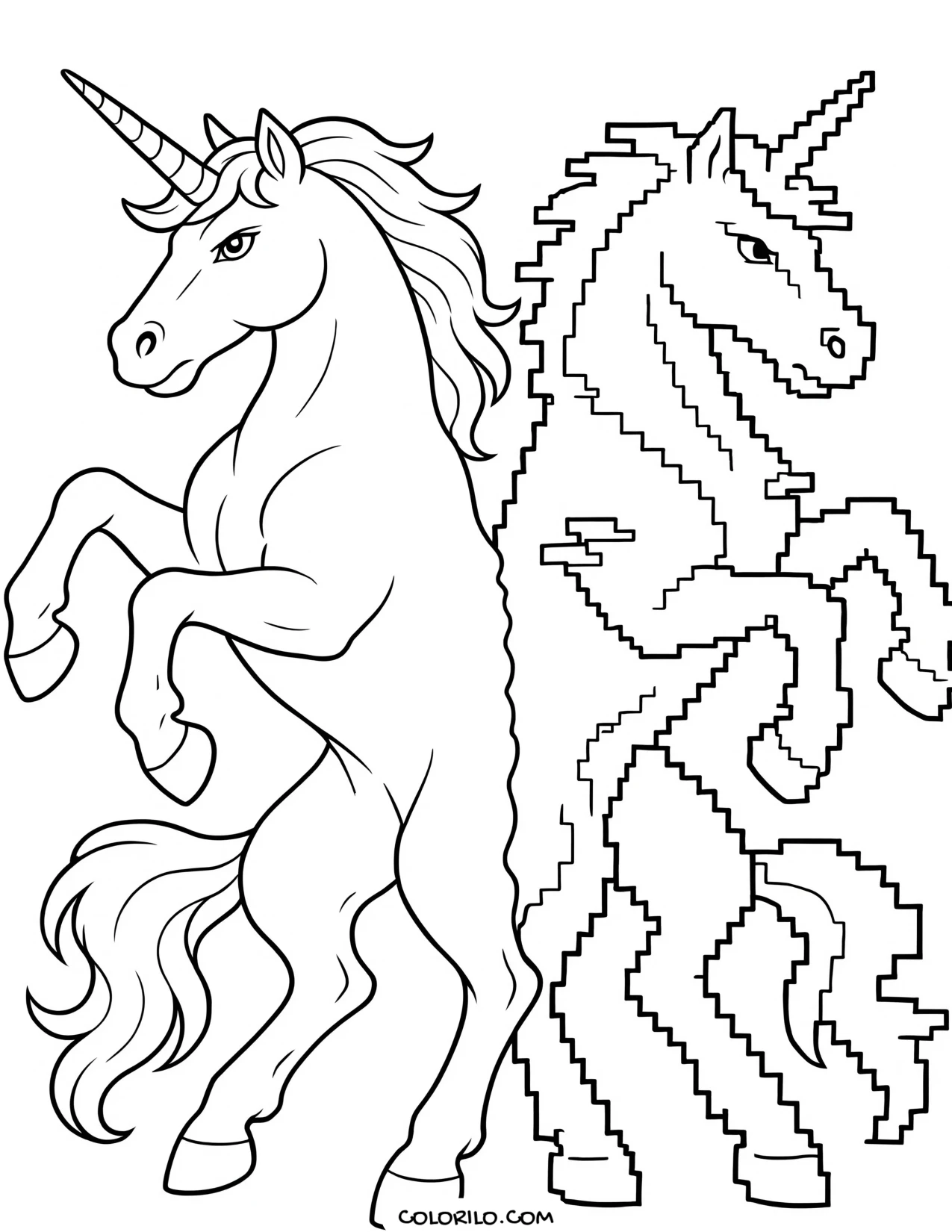 A unicorn drawn as pixel art coloring page