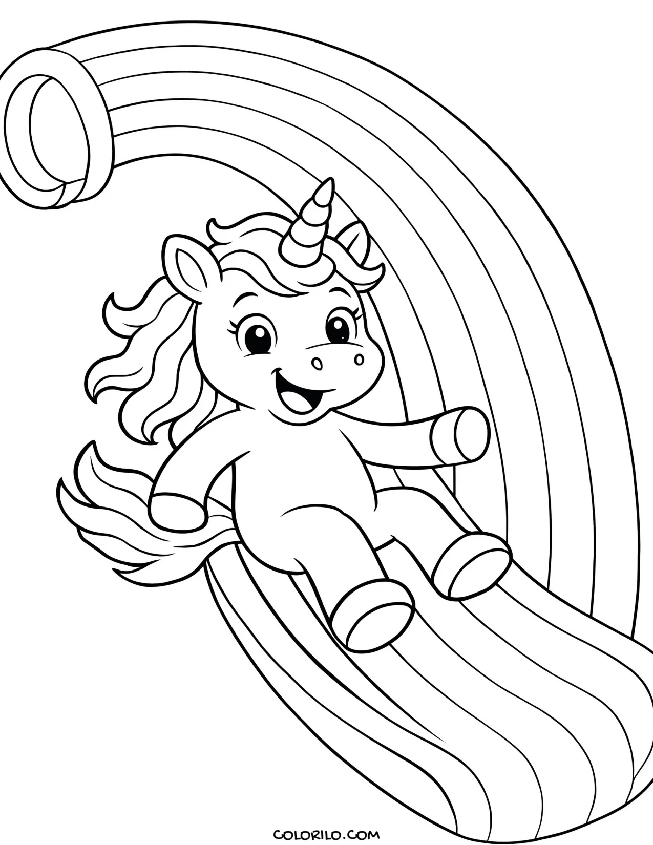 A unicorn sliding down a rainbow coloring page
