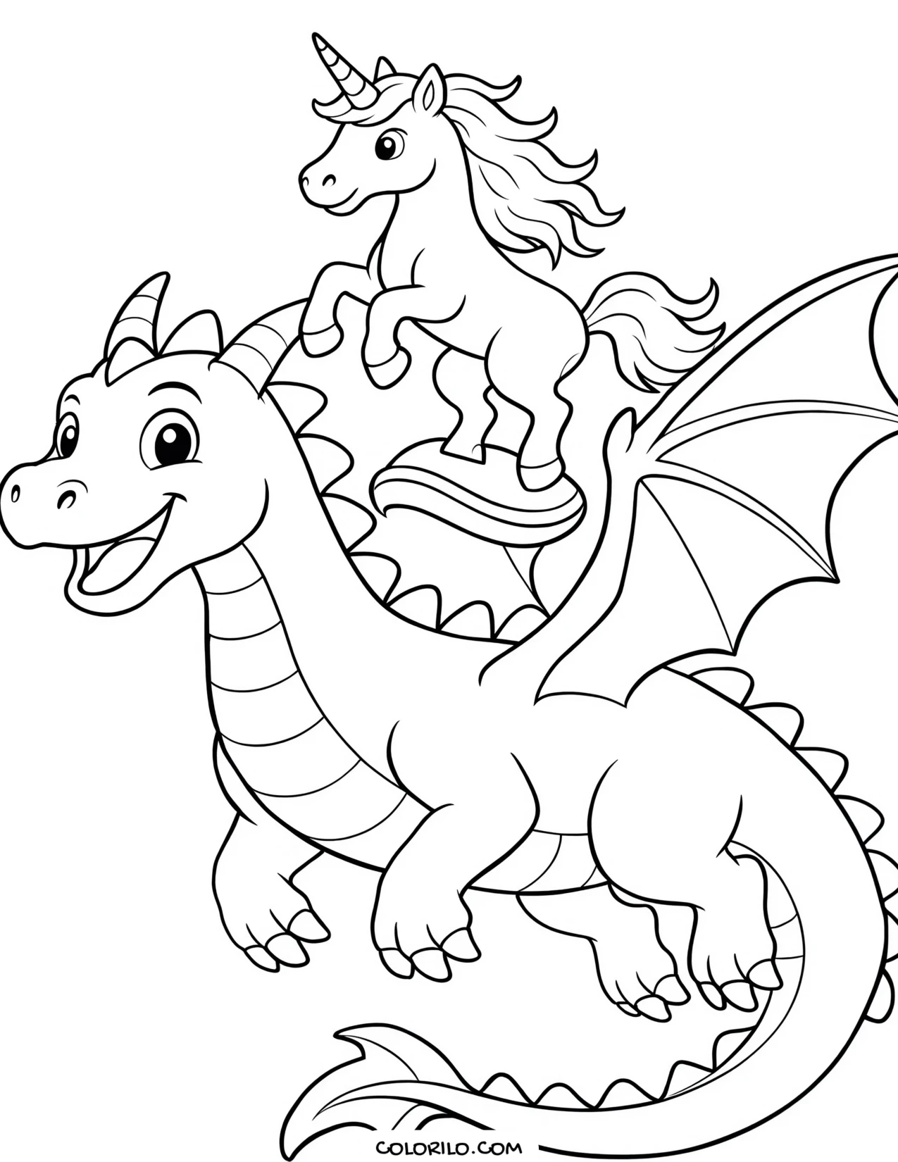A unicorn riding on a dragon coloring page