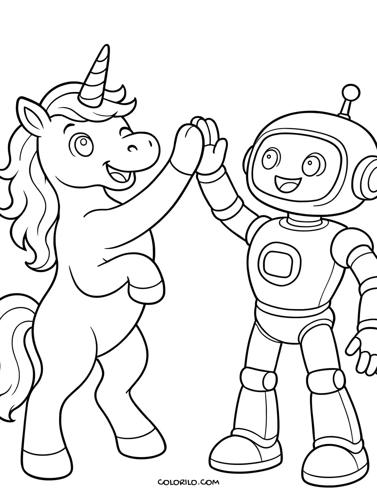 A unicorn high-fiving a robot coloring page