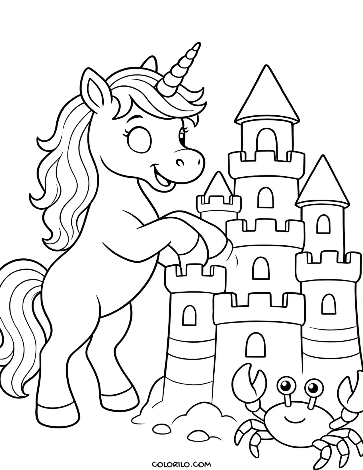 A unicorn building a sandcastle with a crab coloring page