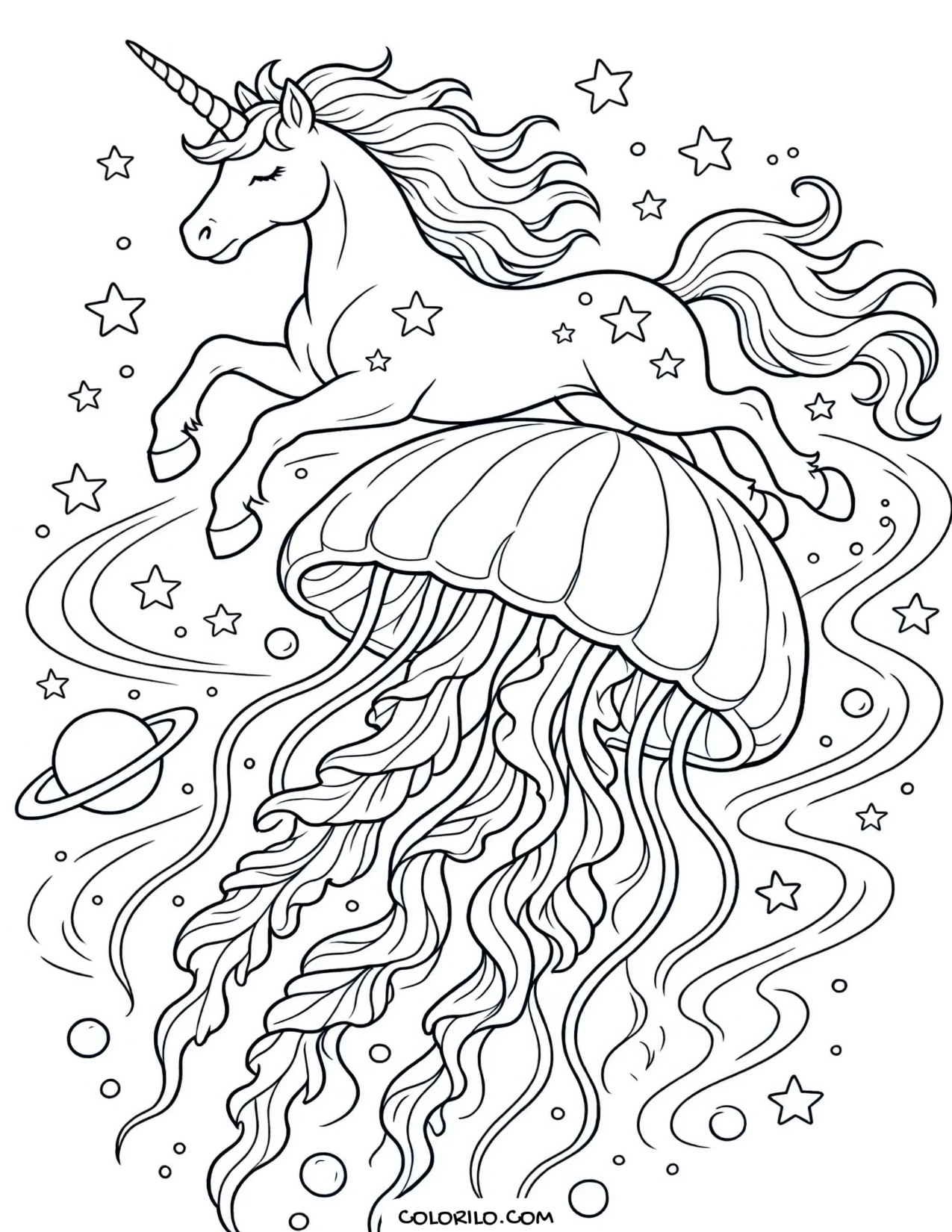 A unicorn among space jellyfish coloring page