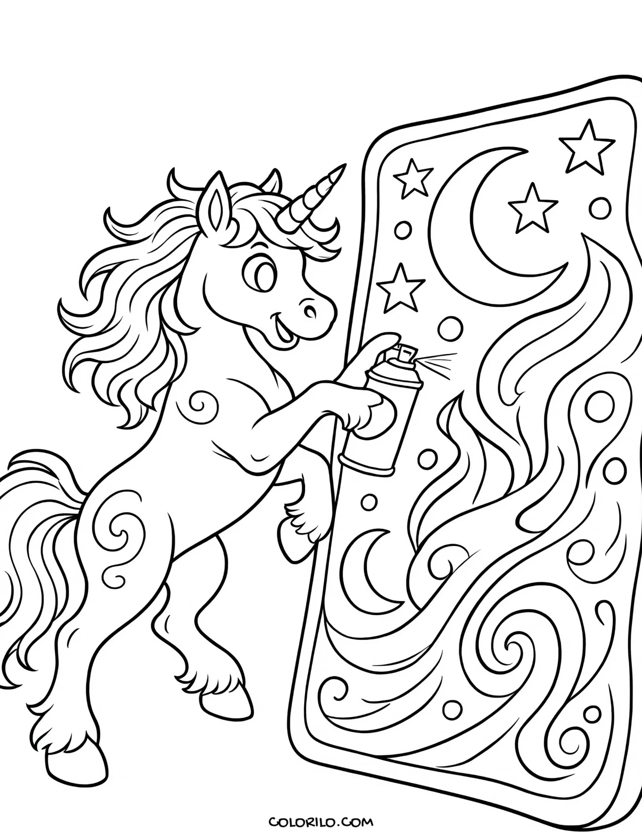 A unicorn holding a spray paint can coloring page