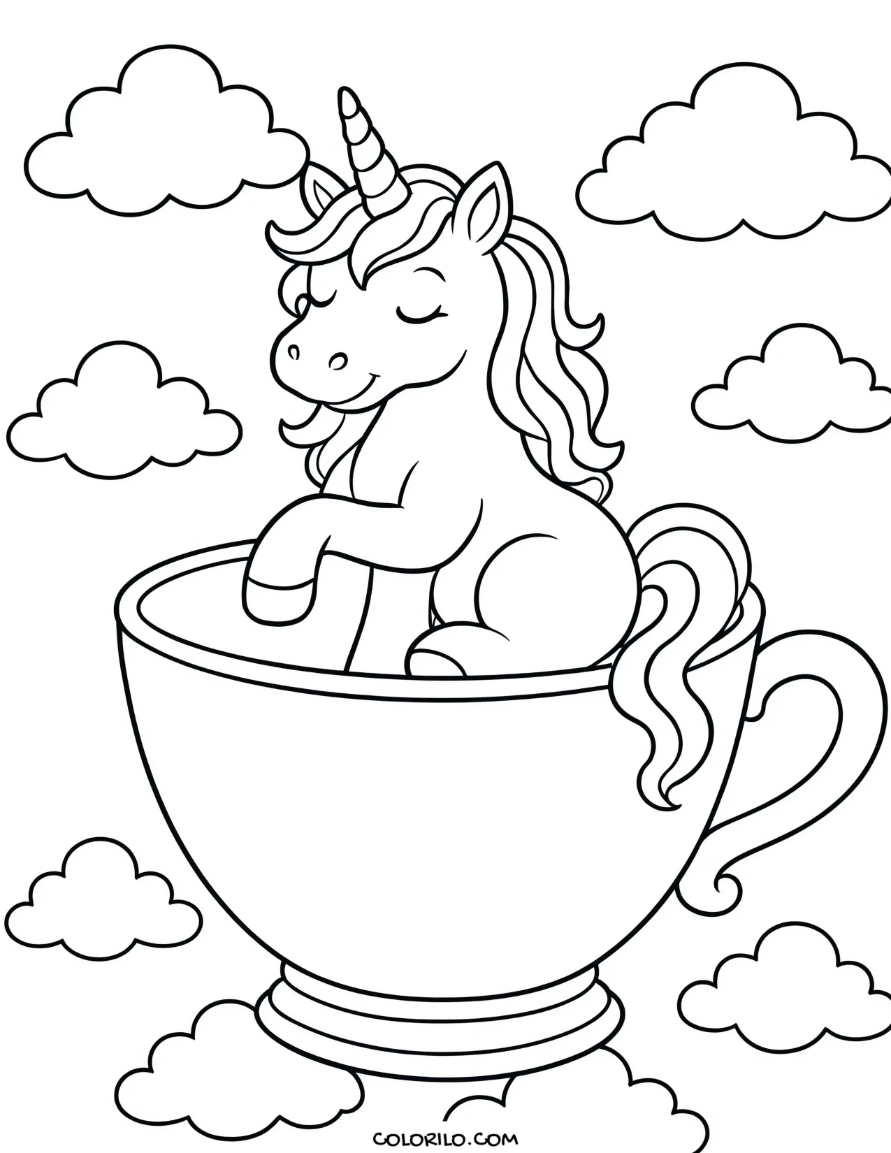 A unicorn sitting in a teacup among clouds coloring page