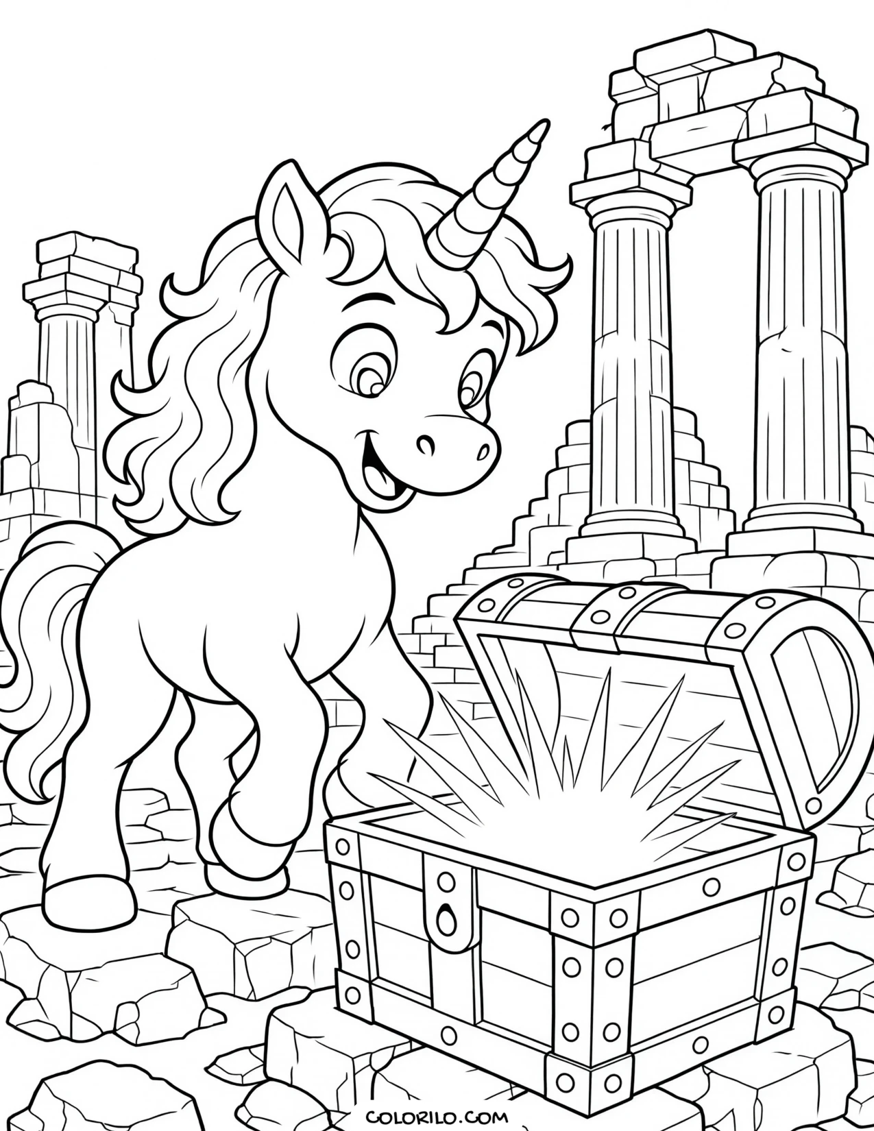 A unicorn beside treasure in old ruins coloring page