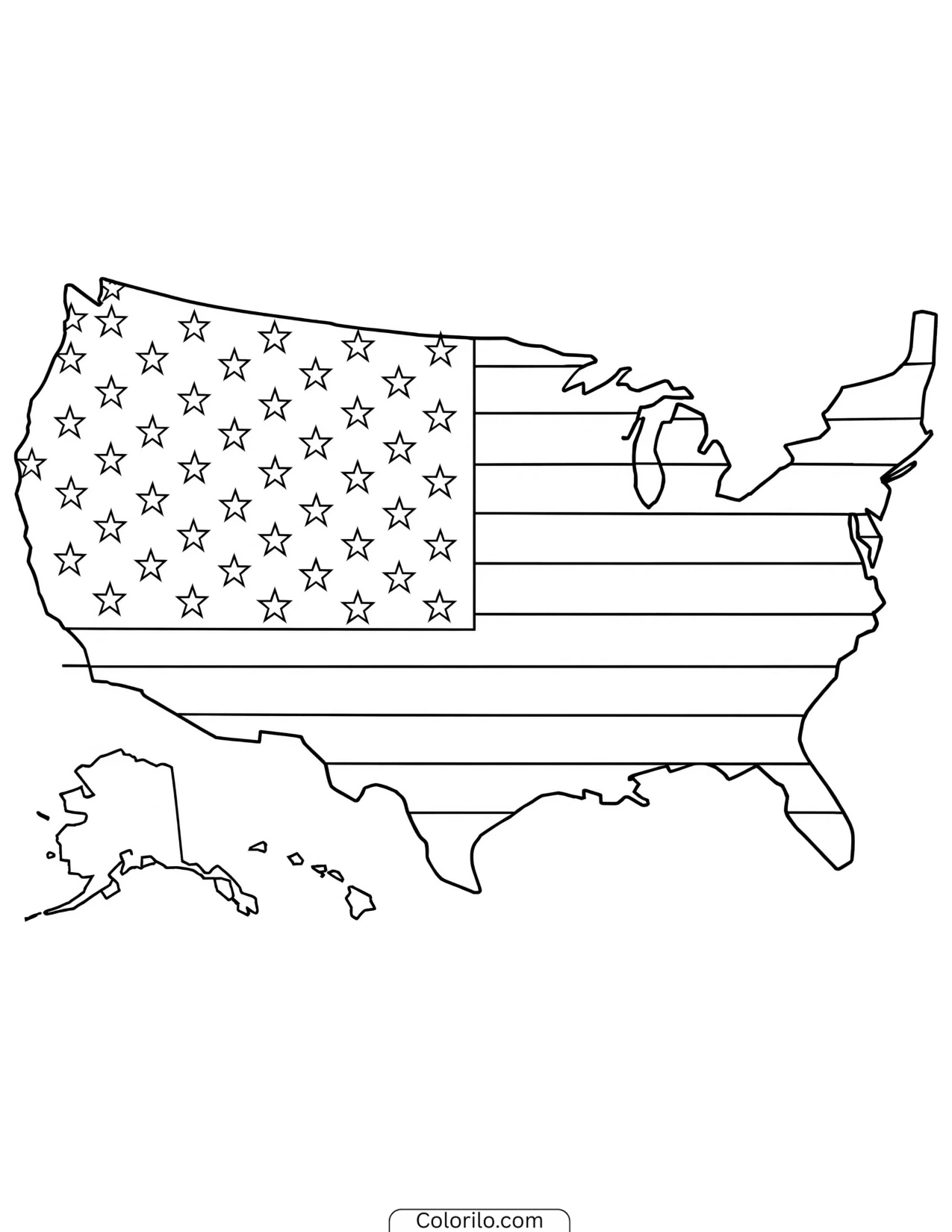 Outline map of the USA filled with the flag coloring page