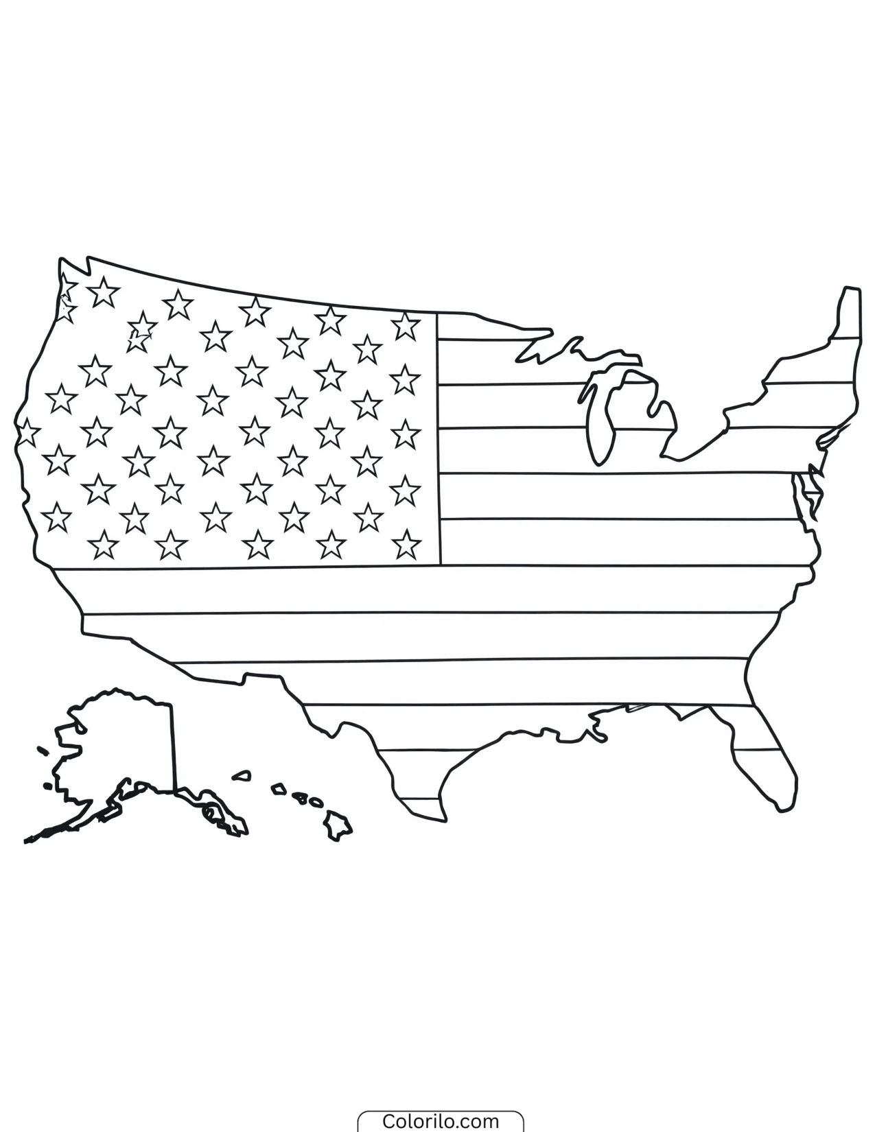 Map of the USA patterned with stars and stripes coloring page
