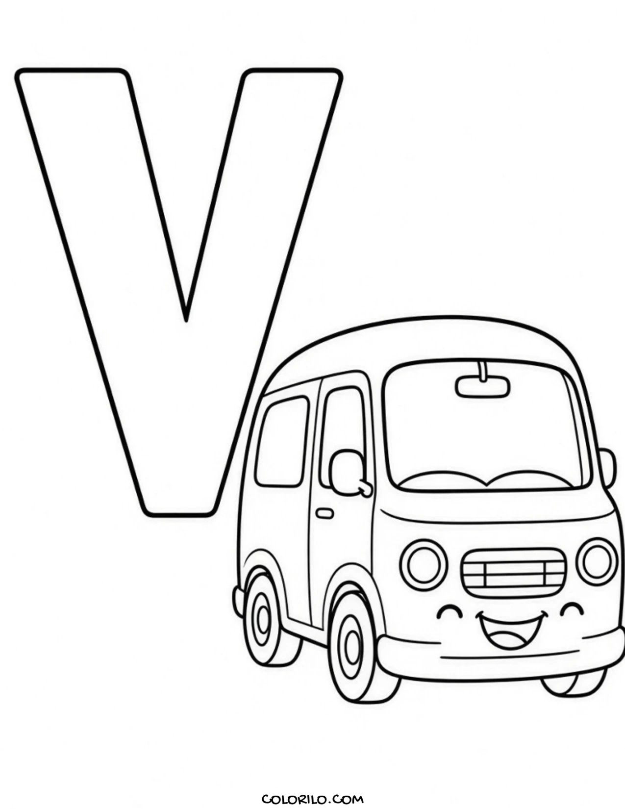 The letter V with a van coloring page