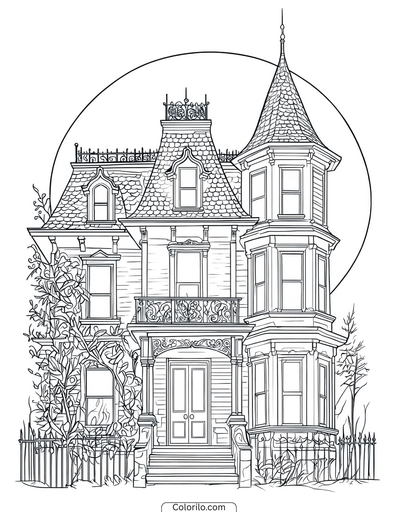 Victorian house standing haunted and empty coloring page