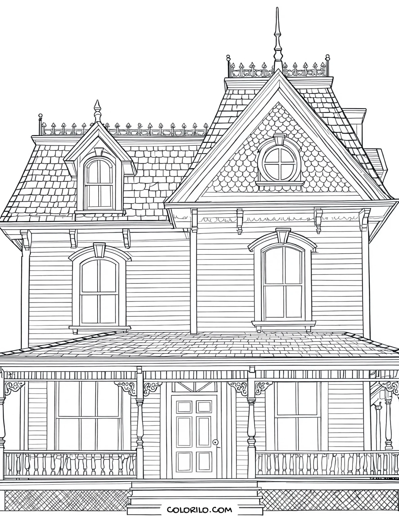 A Victorian house with detailed shingles and spindles coloring page