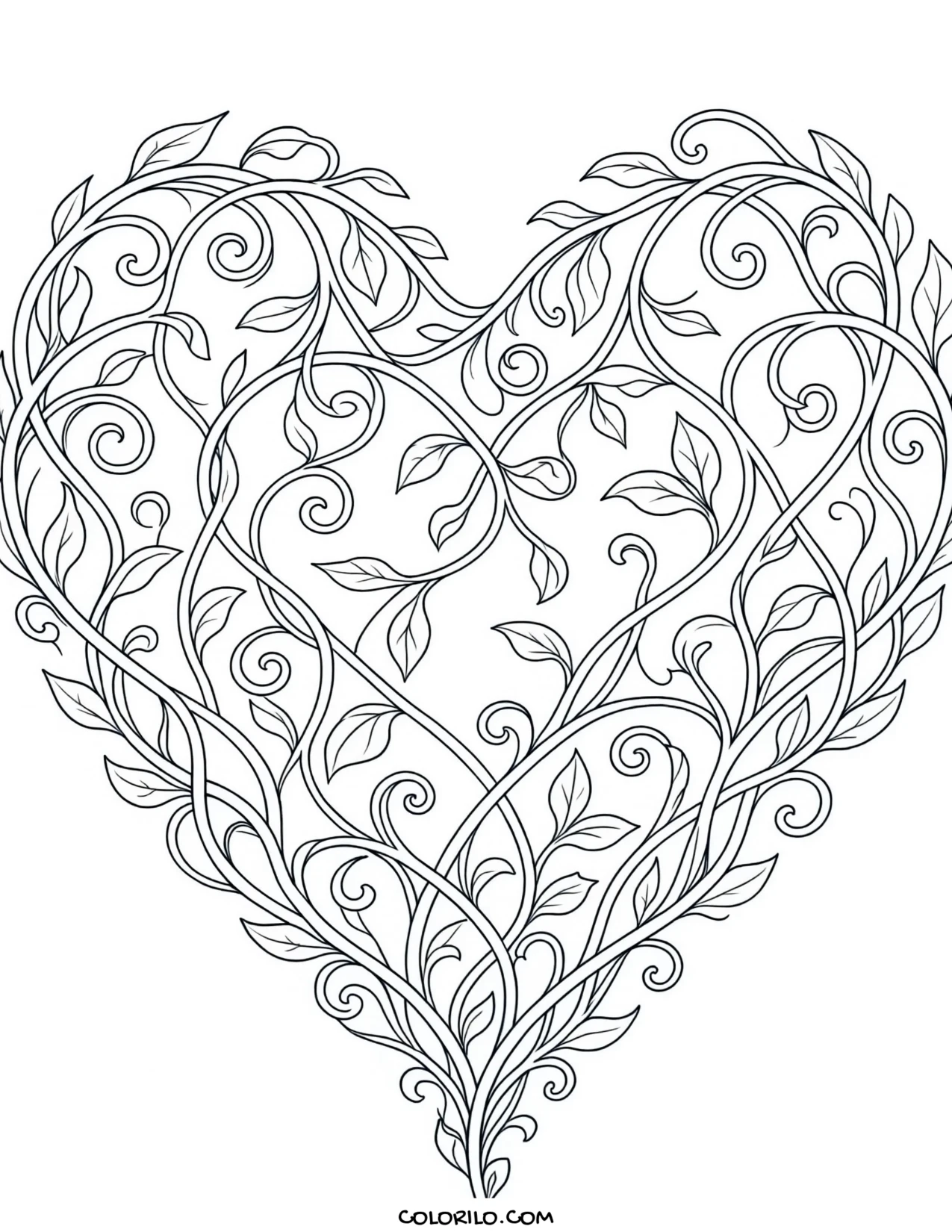 A heart formed from trailing vines coloring page