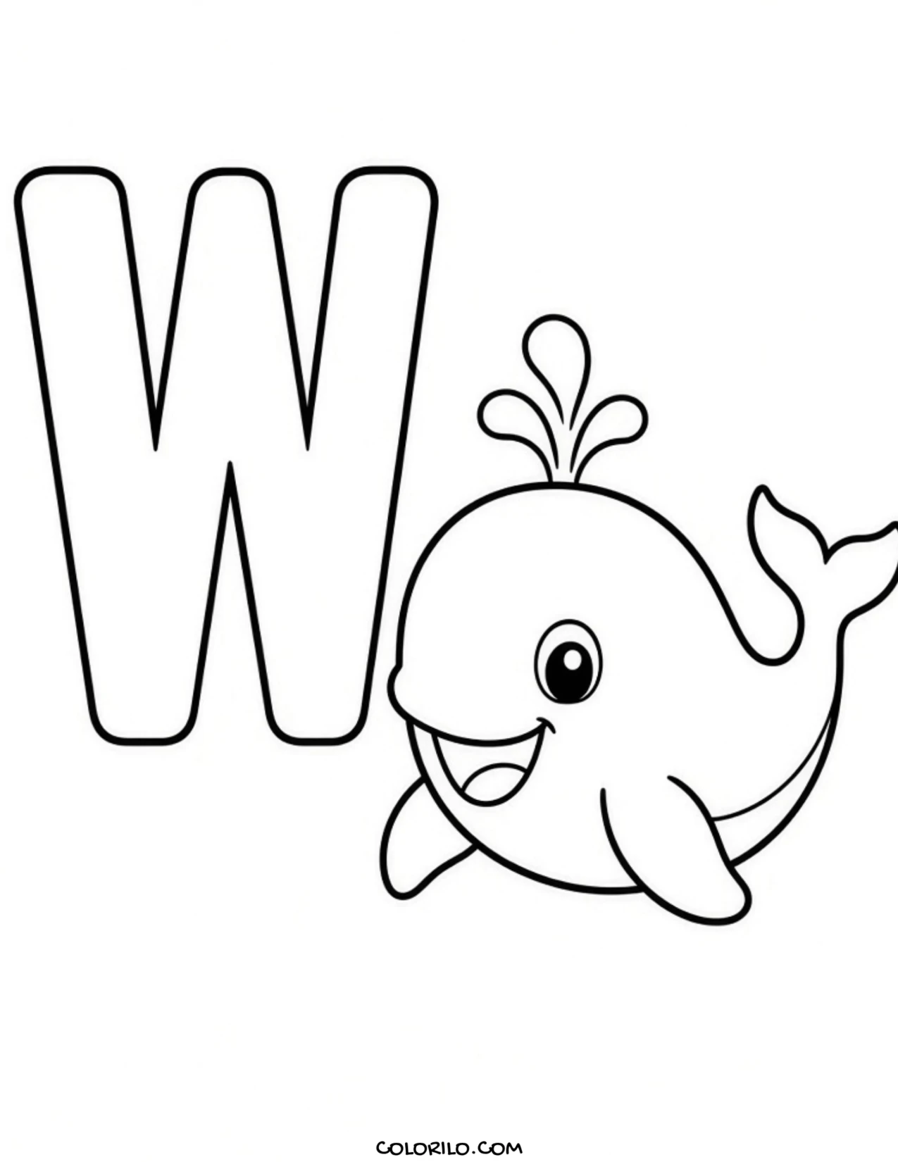 The letter W with a whale coloring page