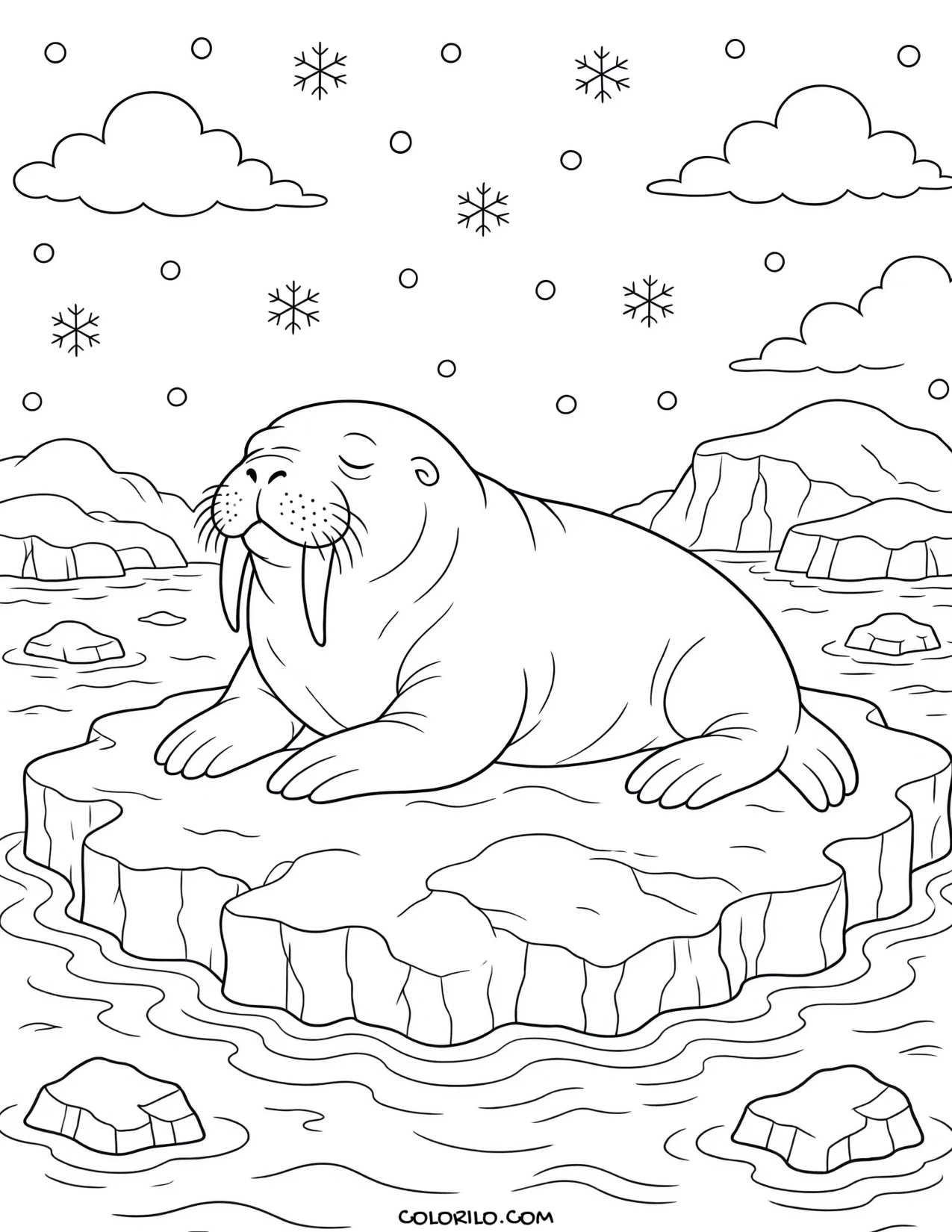 A walrus resting on Arctic ice coloring page
