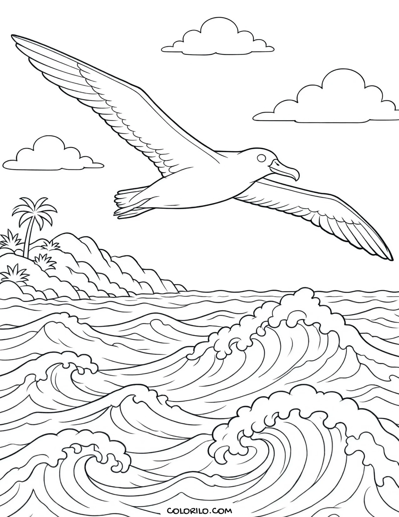 A wandering albatross over the ocean waves coloring page