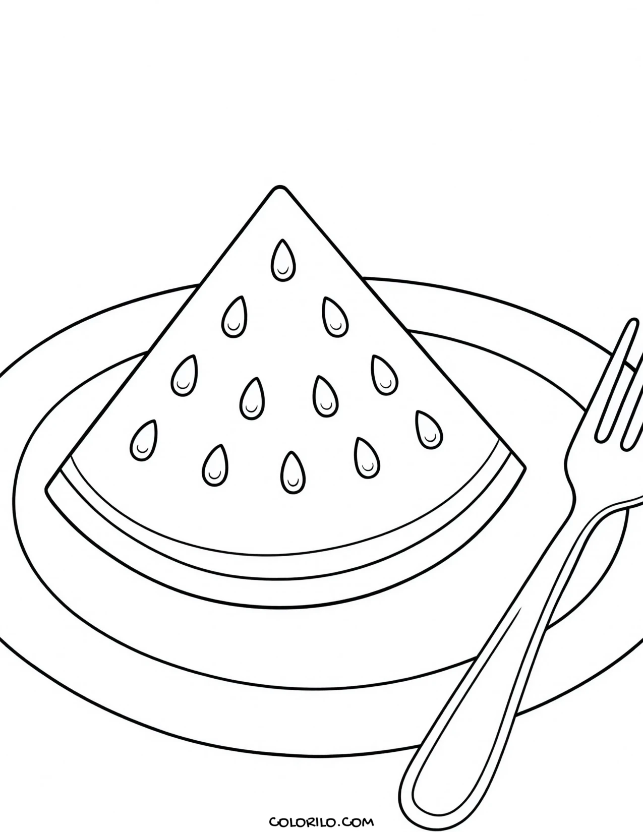 A slice of watermelon on a plate with a fork coloring page