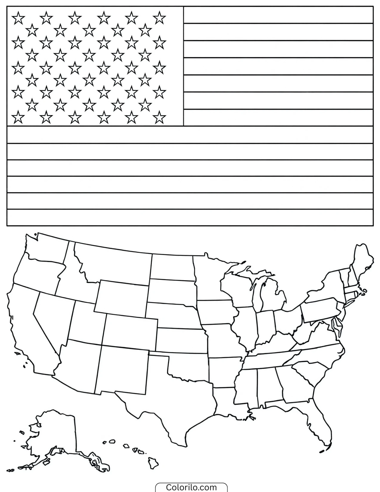 Waving American flag above a map of the country coloring page
