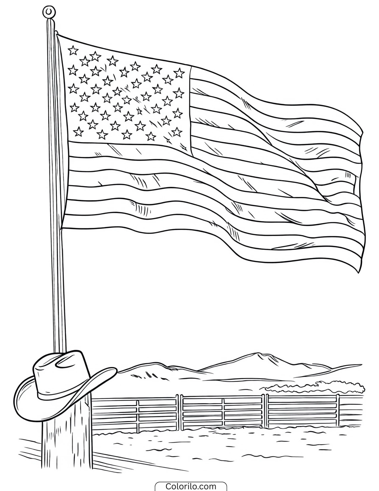 Waving American flag with a cowboy hat coloring page