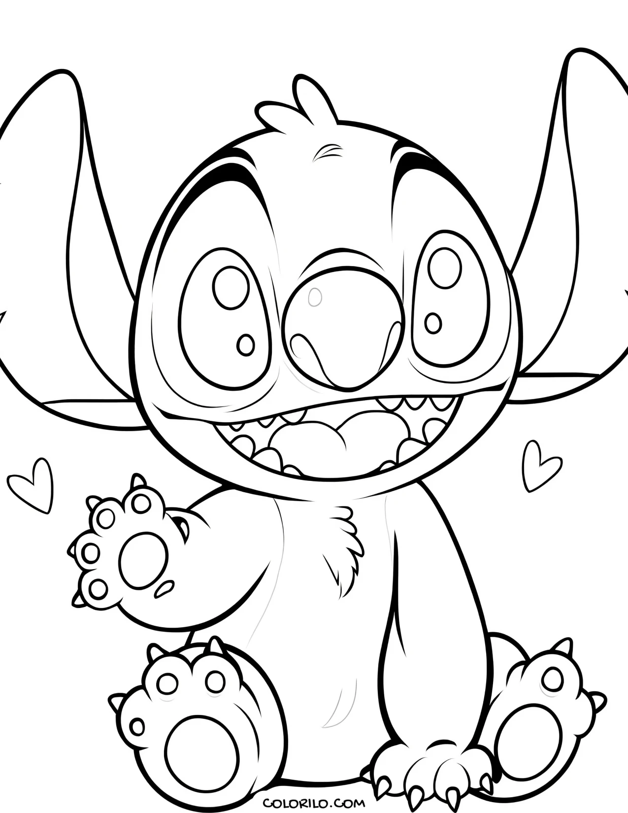 Stitch sitting and waving among hearts coloring page