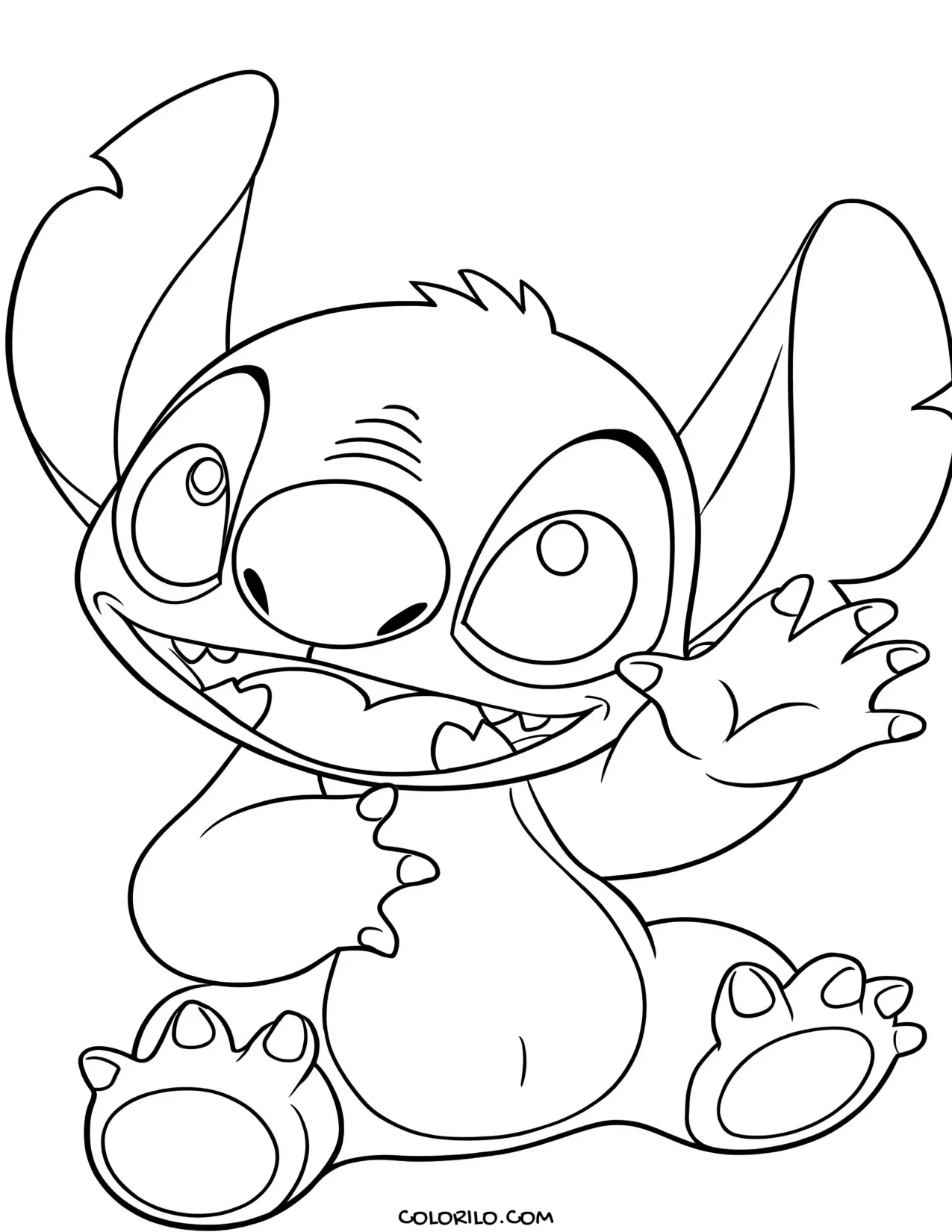 Stitch sitting down and waving coloring page