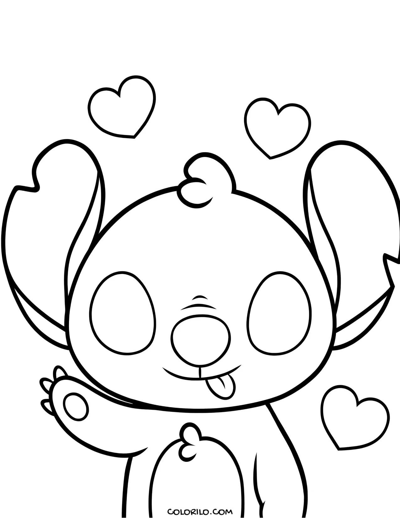 Stitch waving surrounded by hearts coloring page