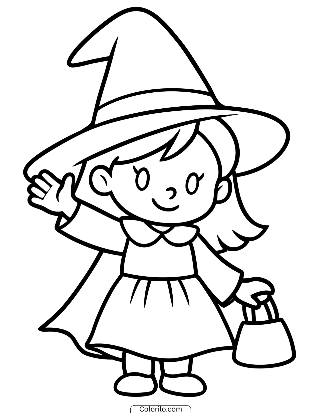 Witch waving while holding a candy bag coloring page