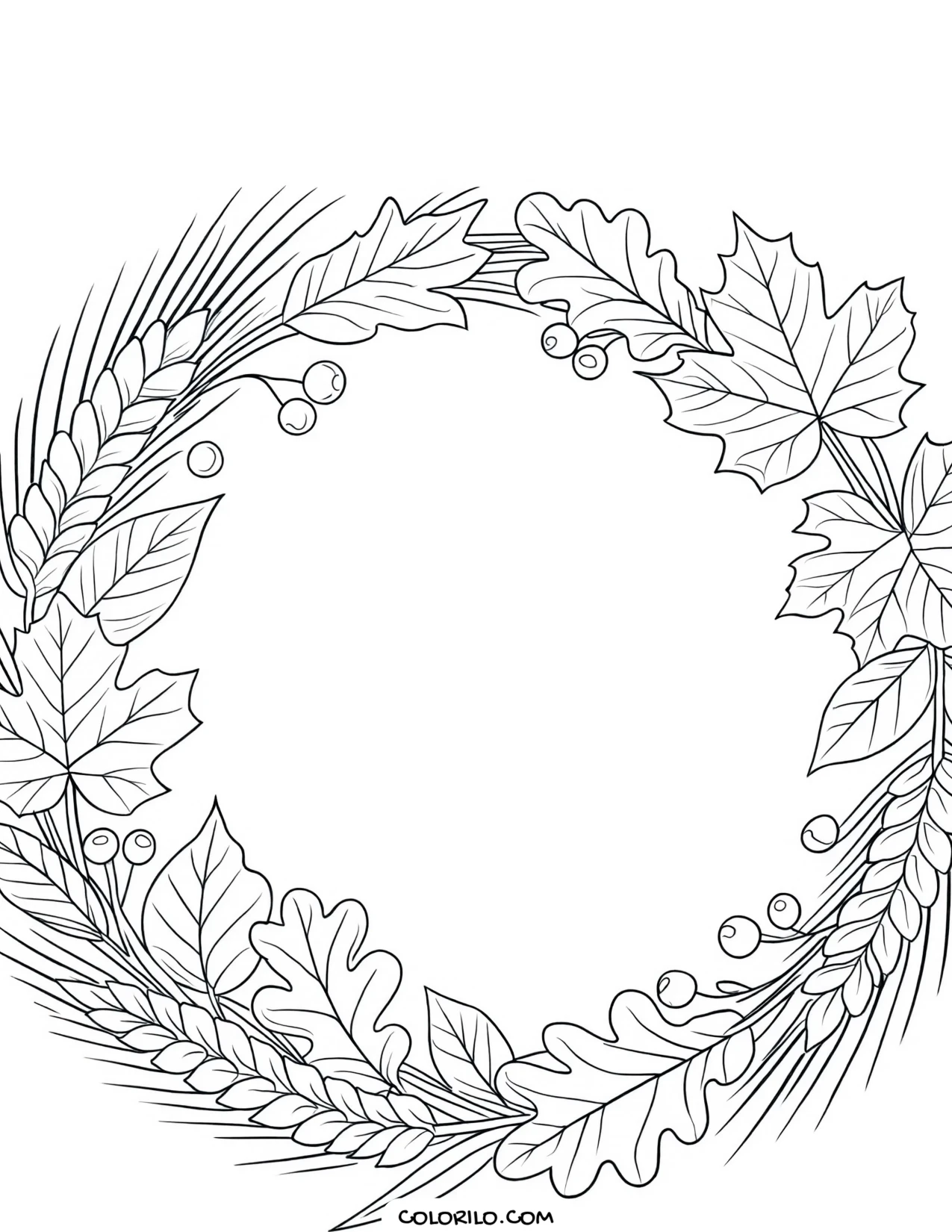 A wreath of wheat and autumn leaves coloring page