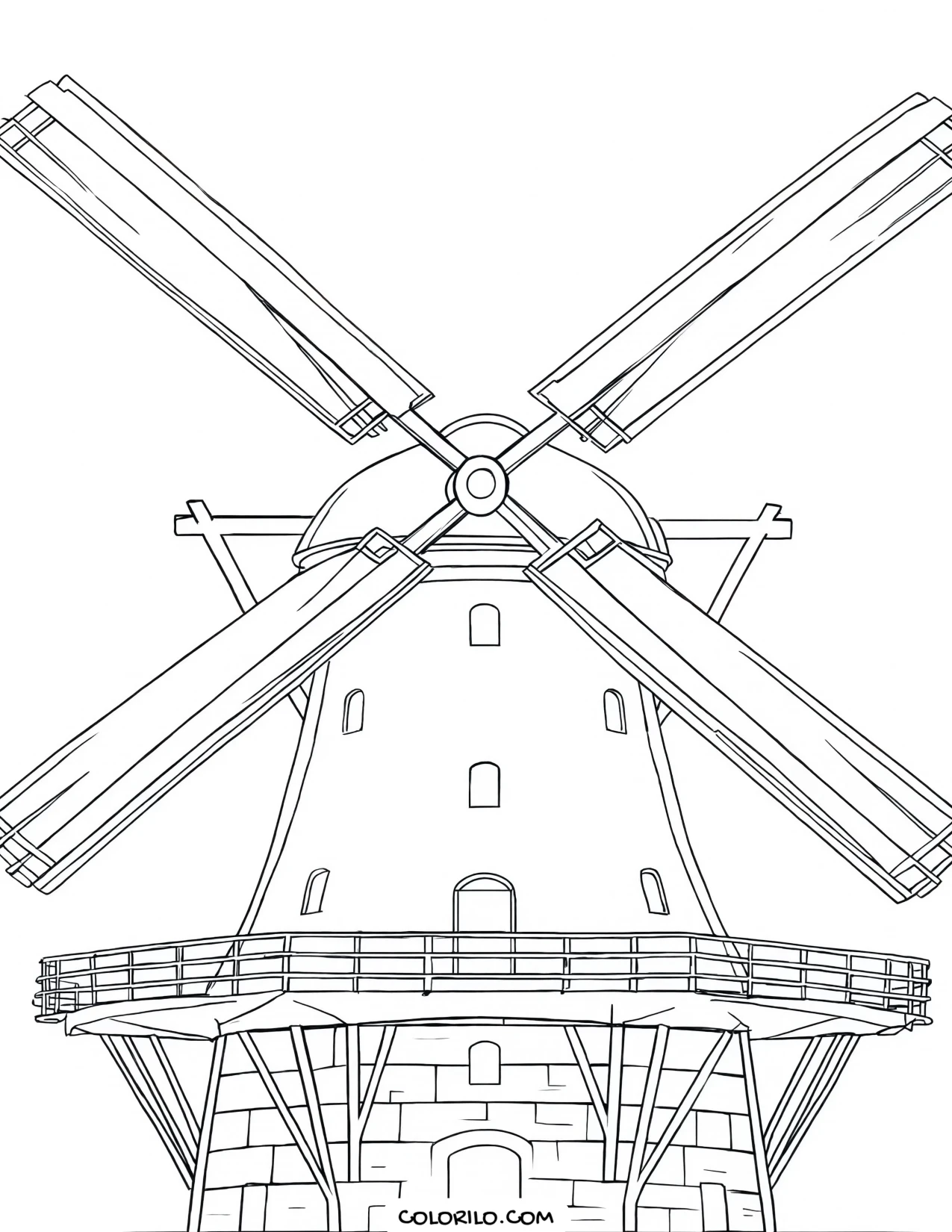 A windmill with sails on a stone base coloring page