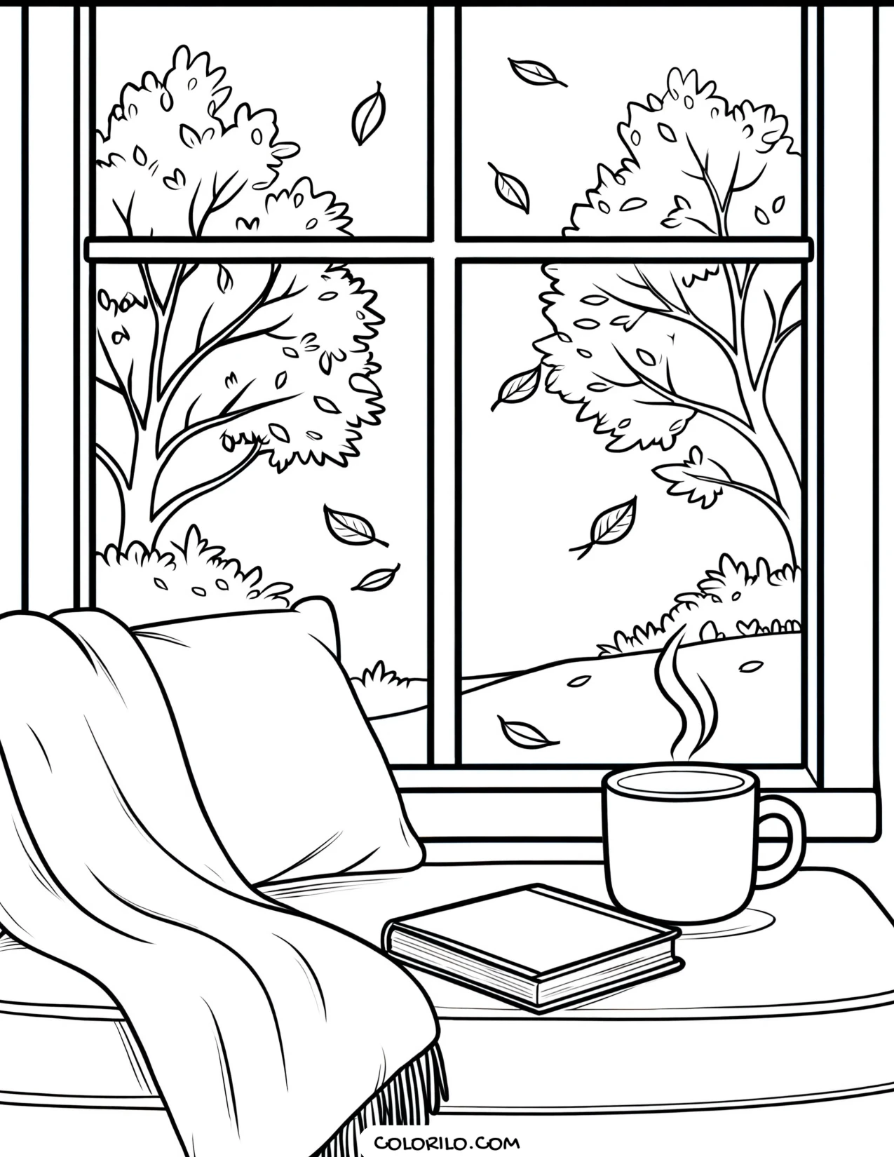 A window seat with a mug of cocoa coloring page