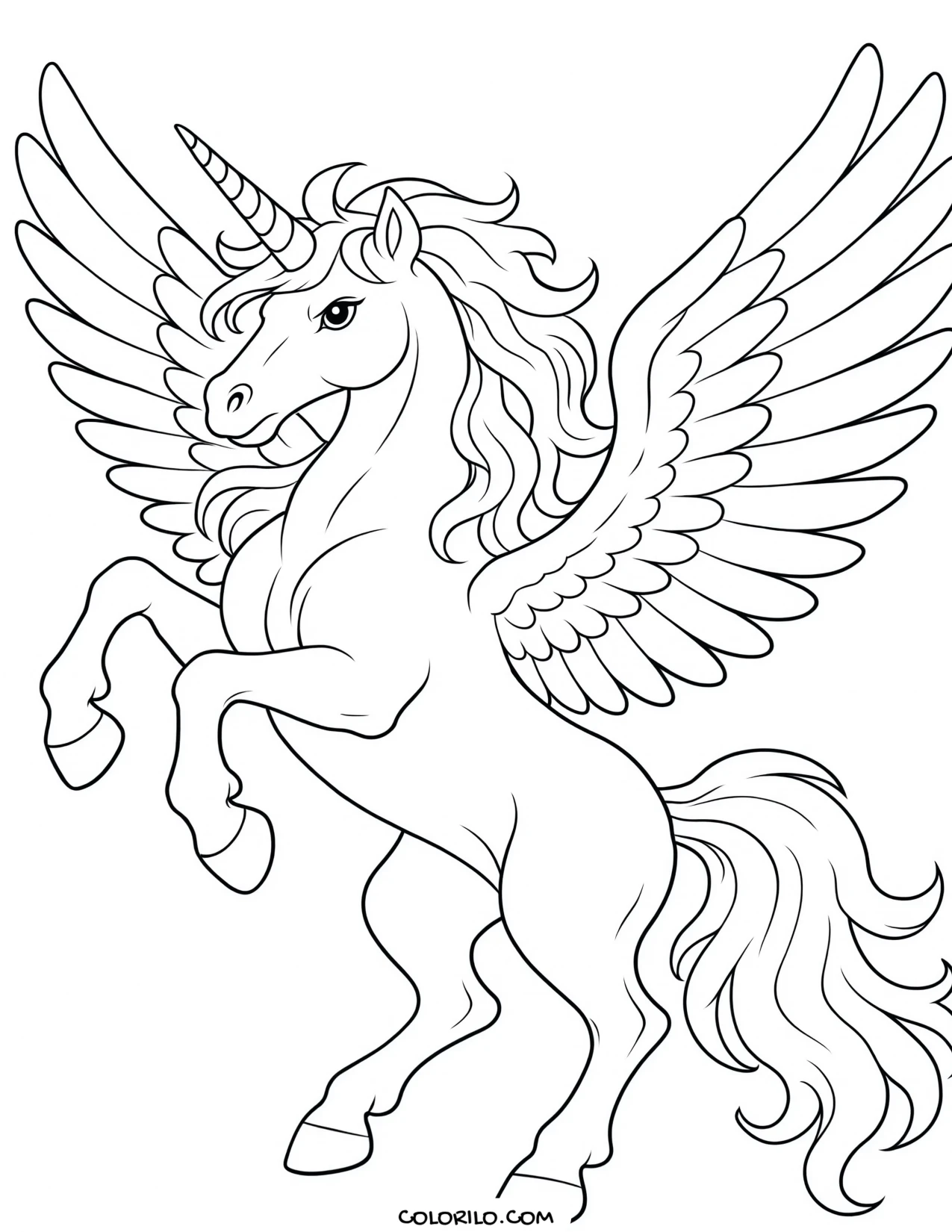 A winged unicorn rearing up coloring page