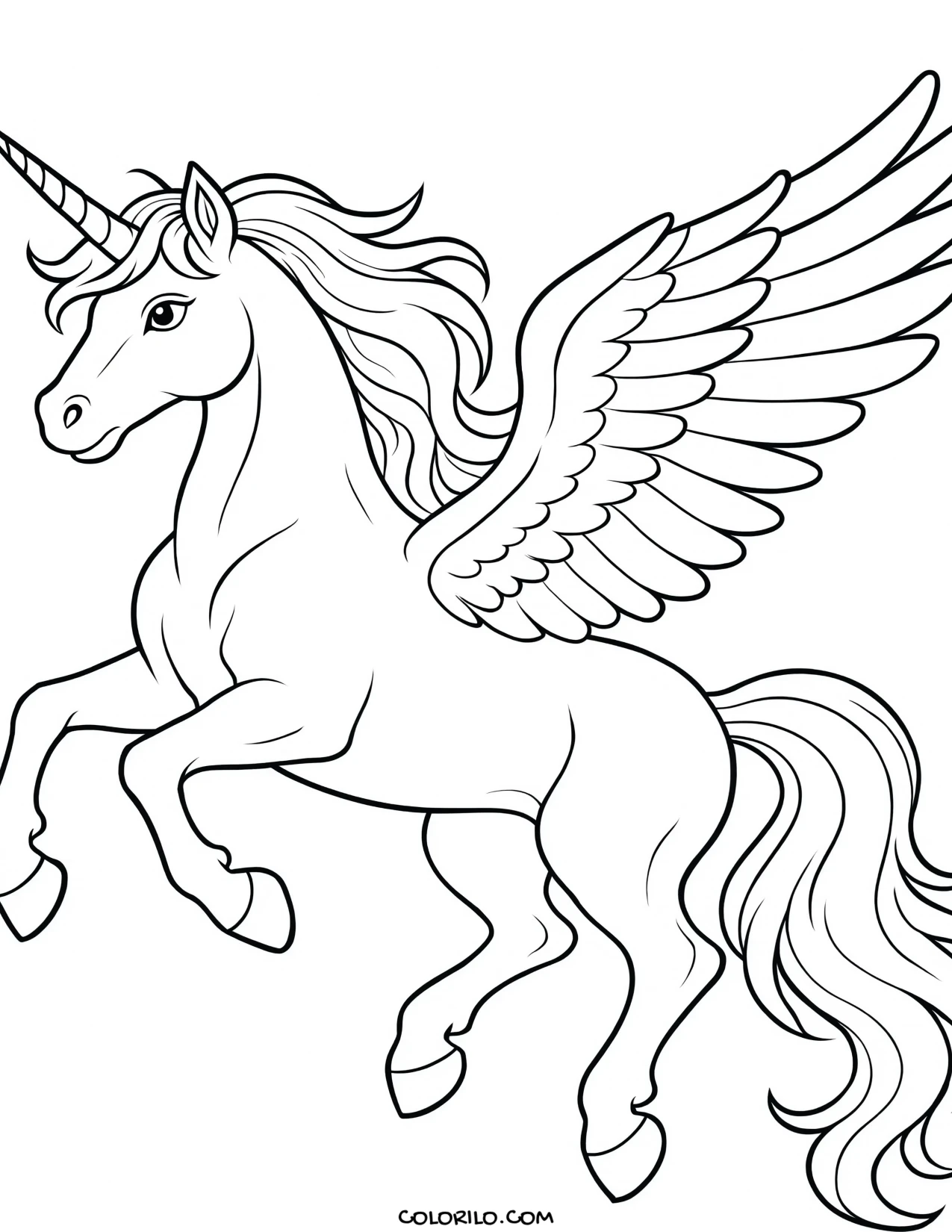 A winged unicorn leaping into flight coloring page