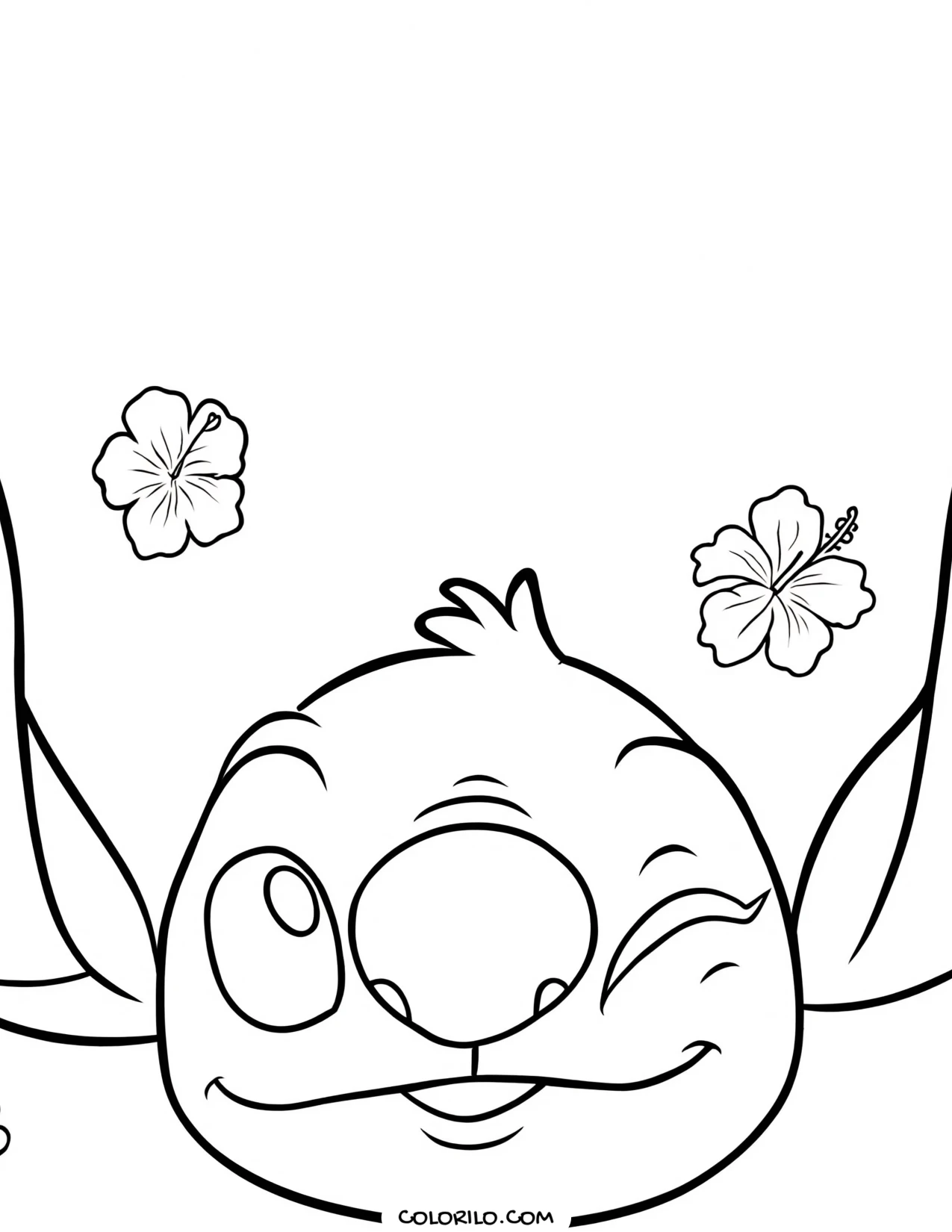 Stitch winking beside a hibiscus flower coloring page