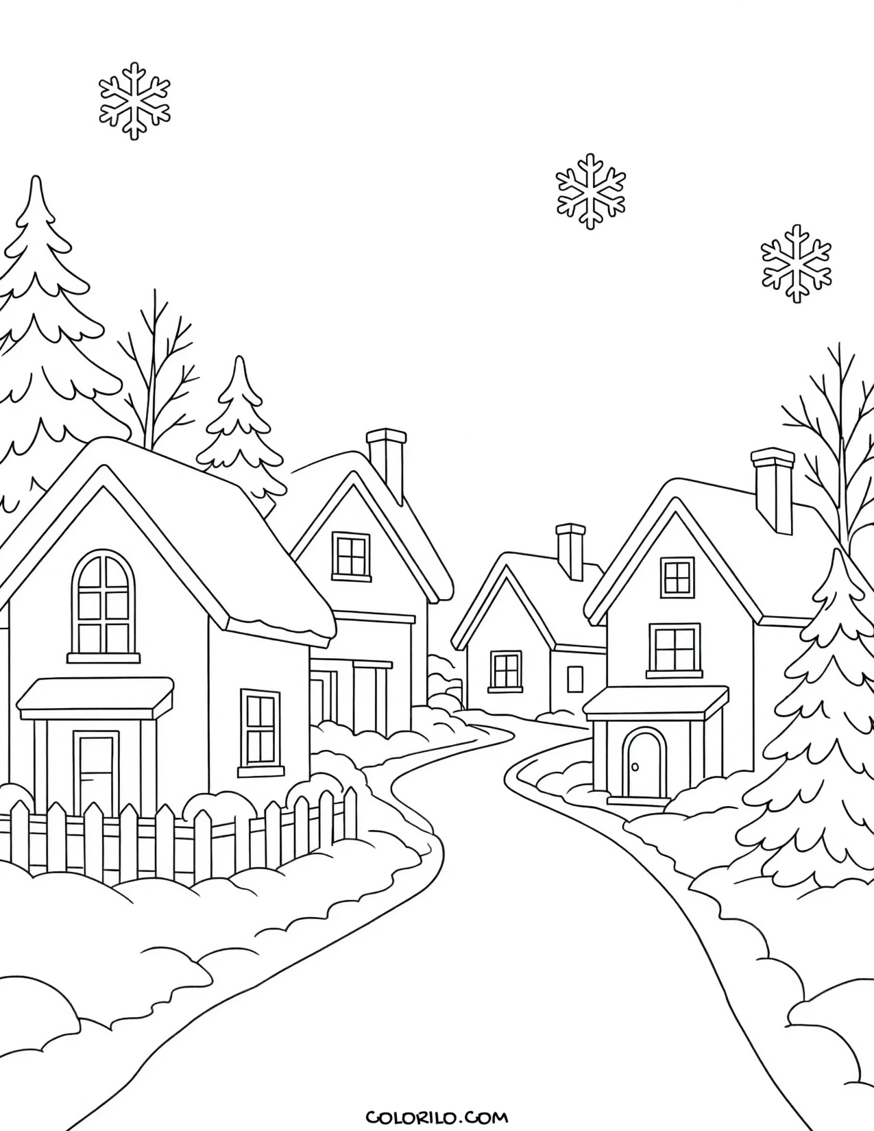A village street under winter snow coloring page