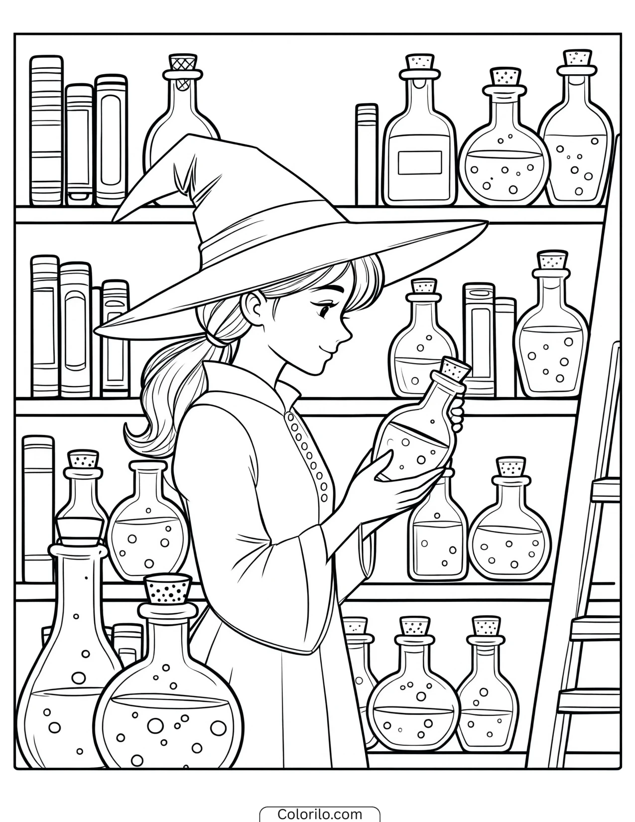 Witch examining a potion bottle coloring page