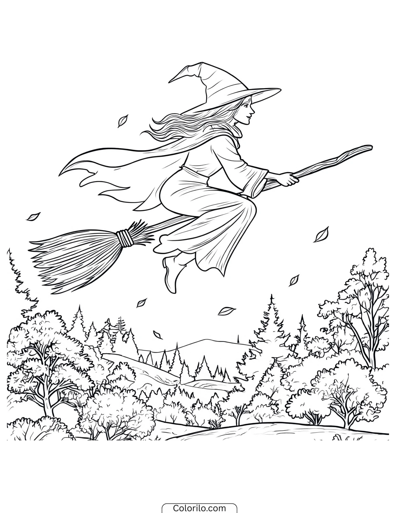 Witch flying on her broomstick coloring page