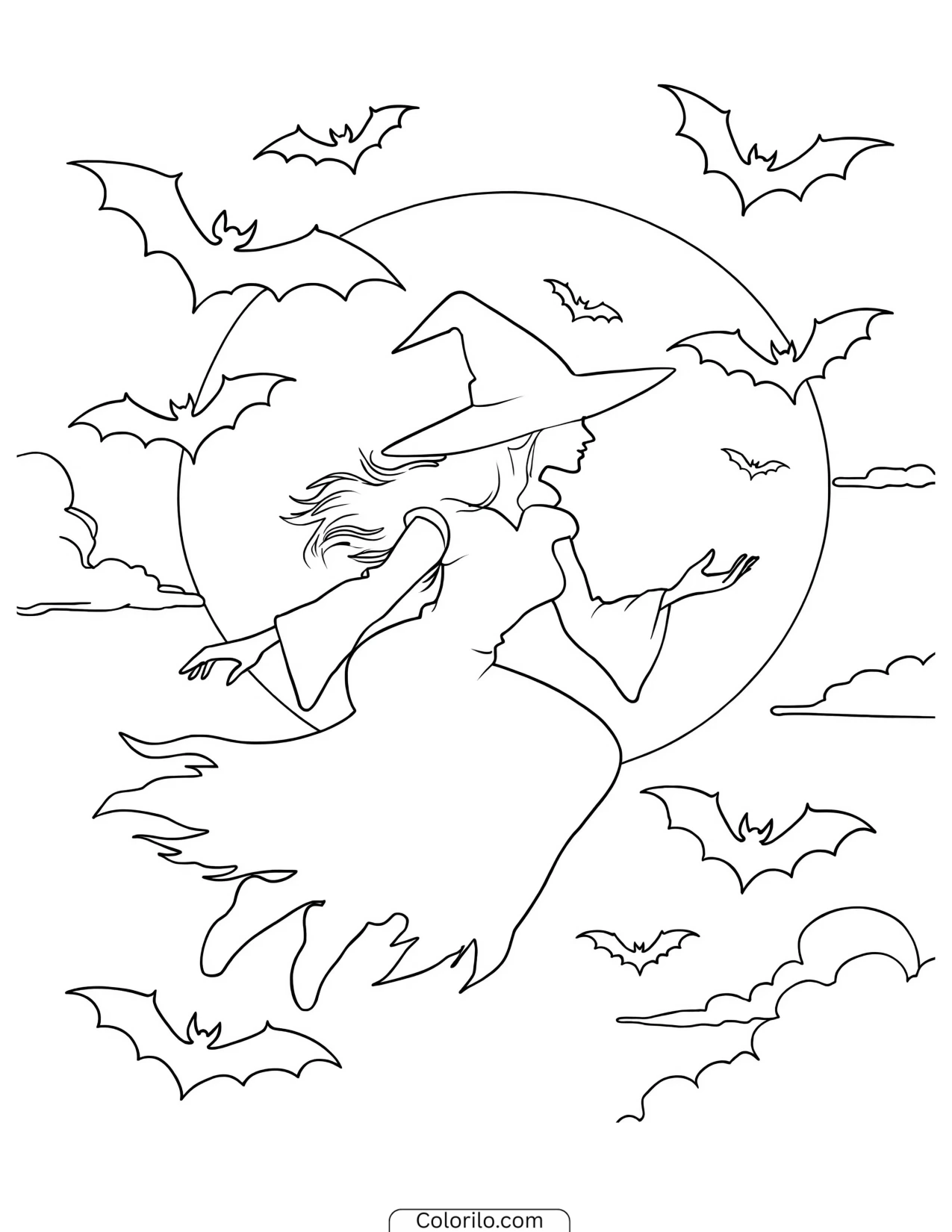 Witch flying surrounded by bats coloring page