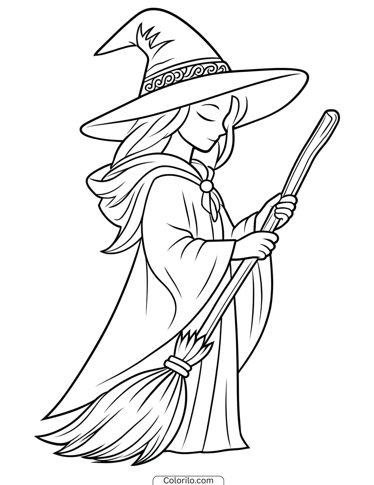Witch shown in profile holding her broomstick coloring page