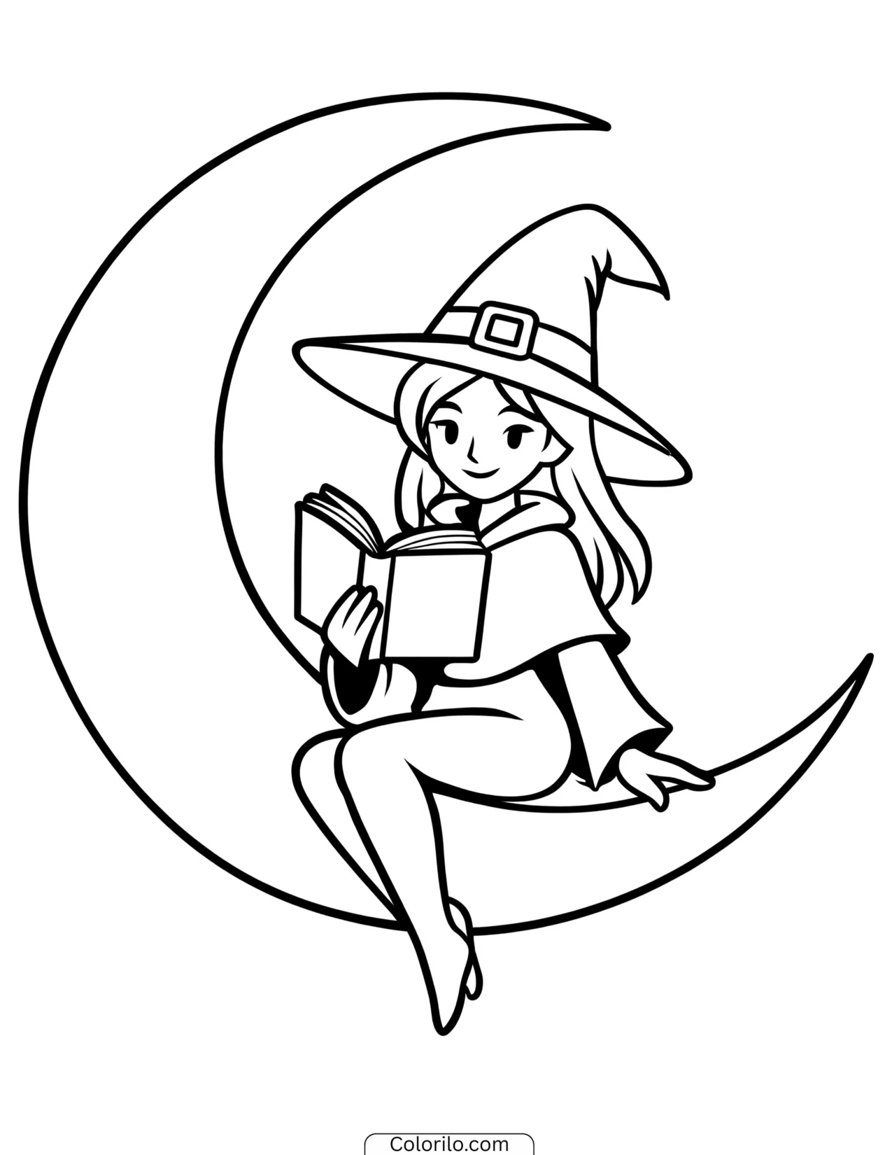 Witch reading while sitting on a crescent moon coloring page
