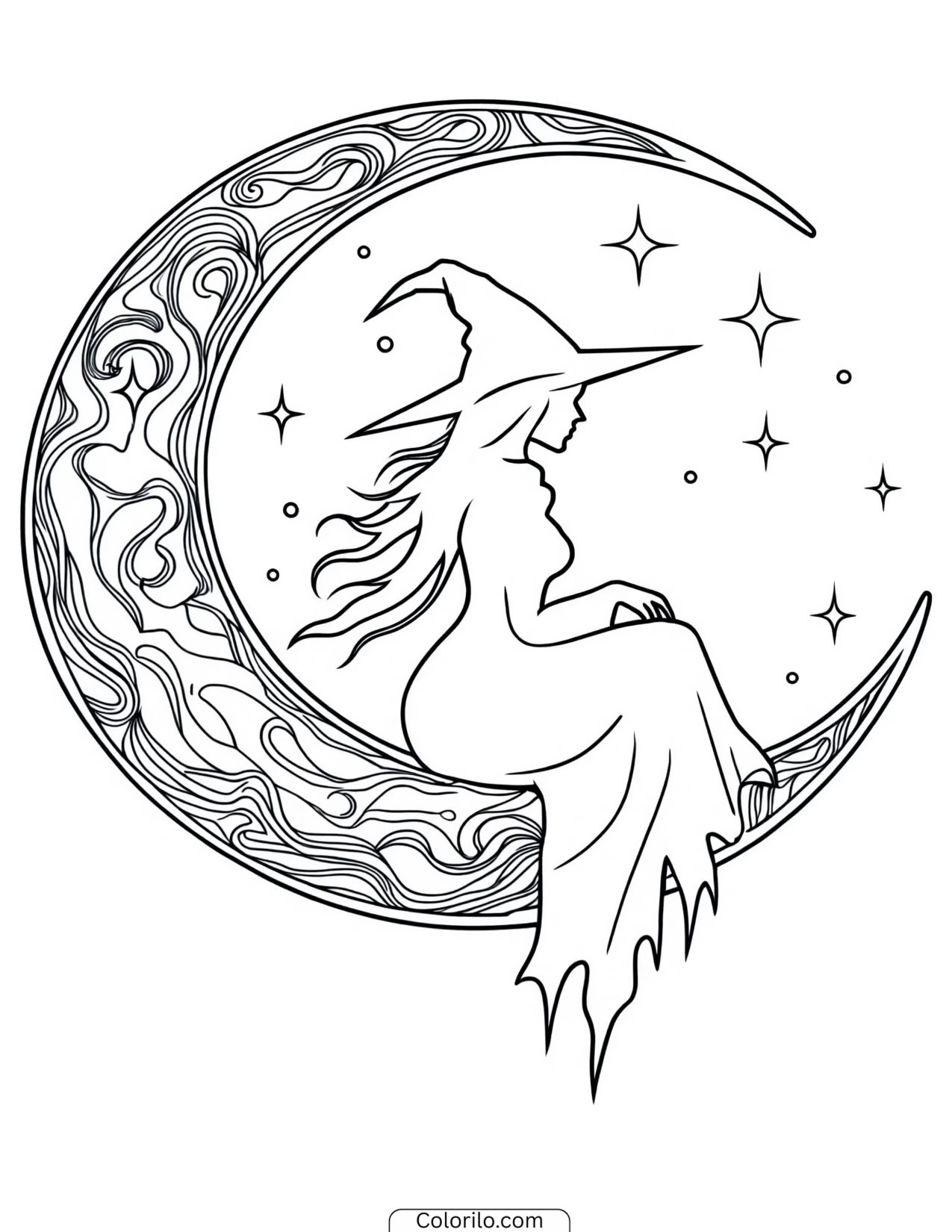 Witch sitting on a crescent moon coloring page