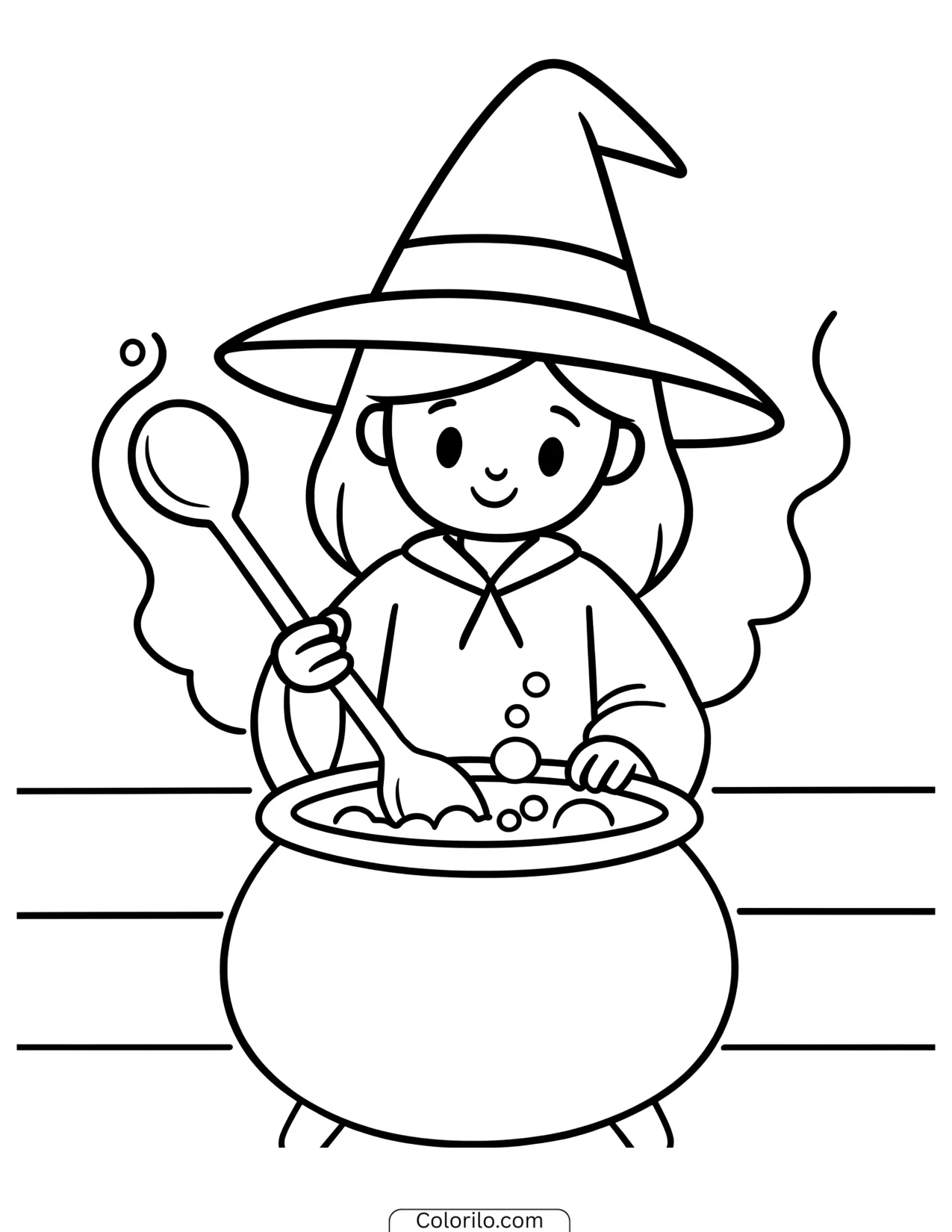 Witch stirring a bubbling cauldron coloring page
