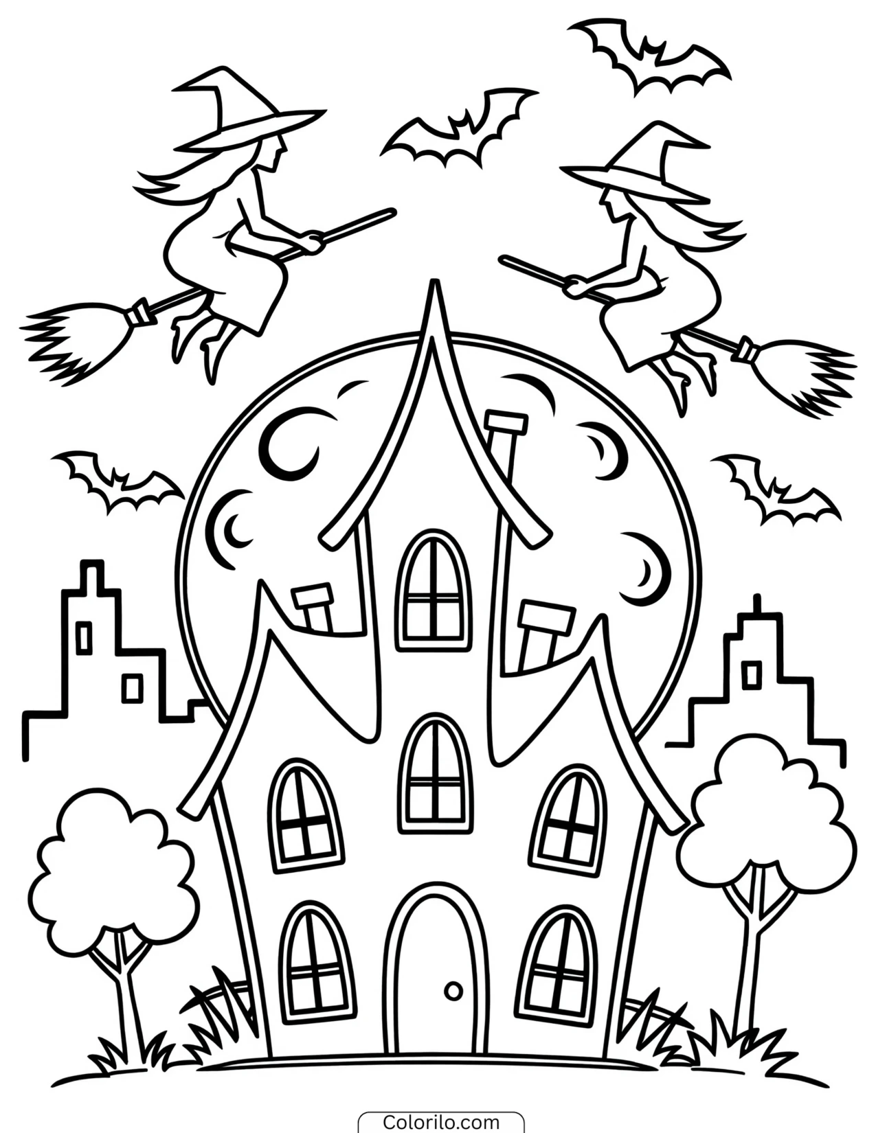 Witches flying above a haunted house coloring page