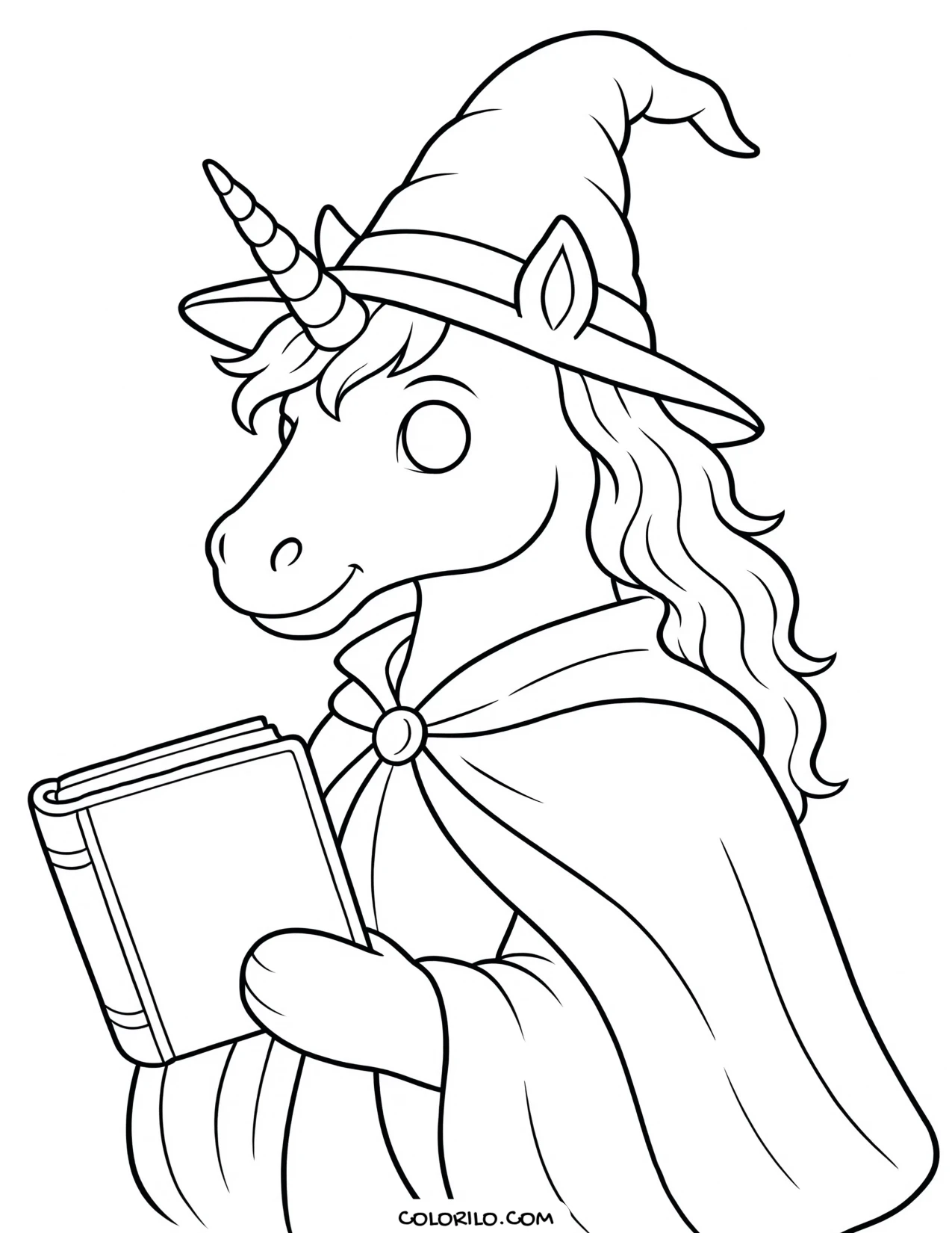 A unicorn wizard with a spellbook coloring page