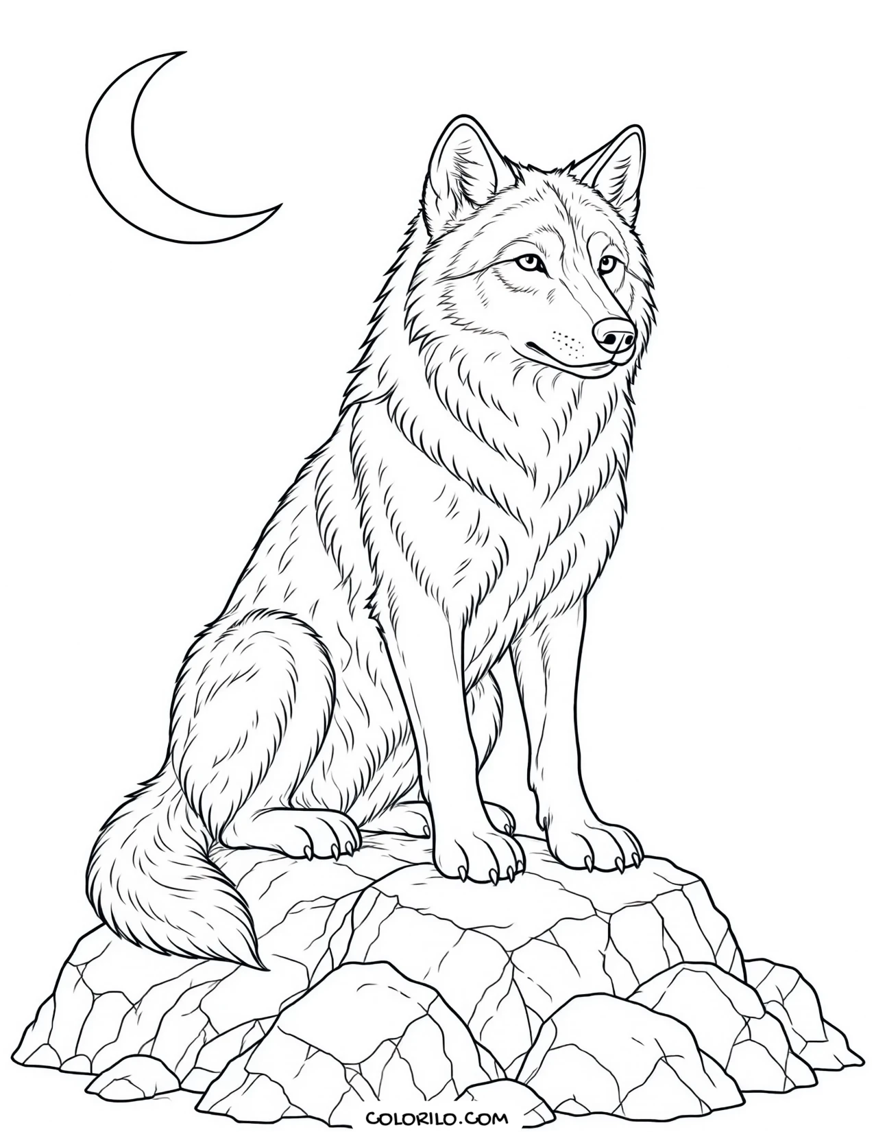 a wolf howling beneath a full moon coloring page