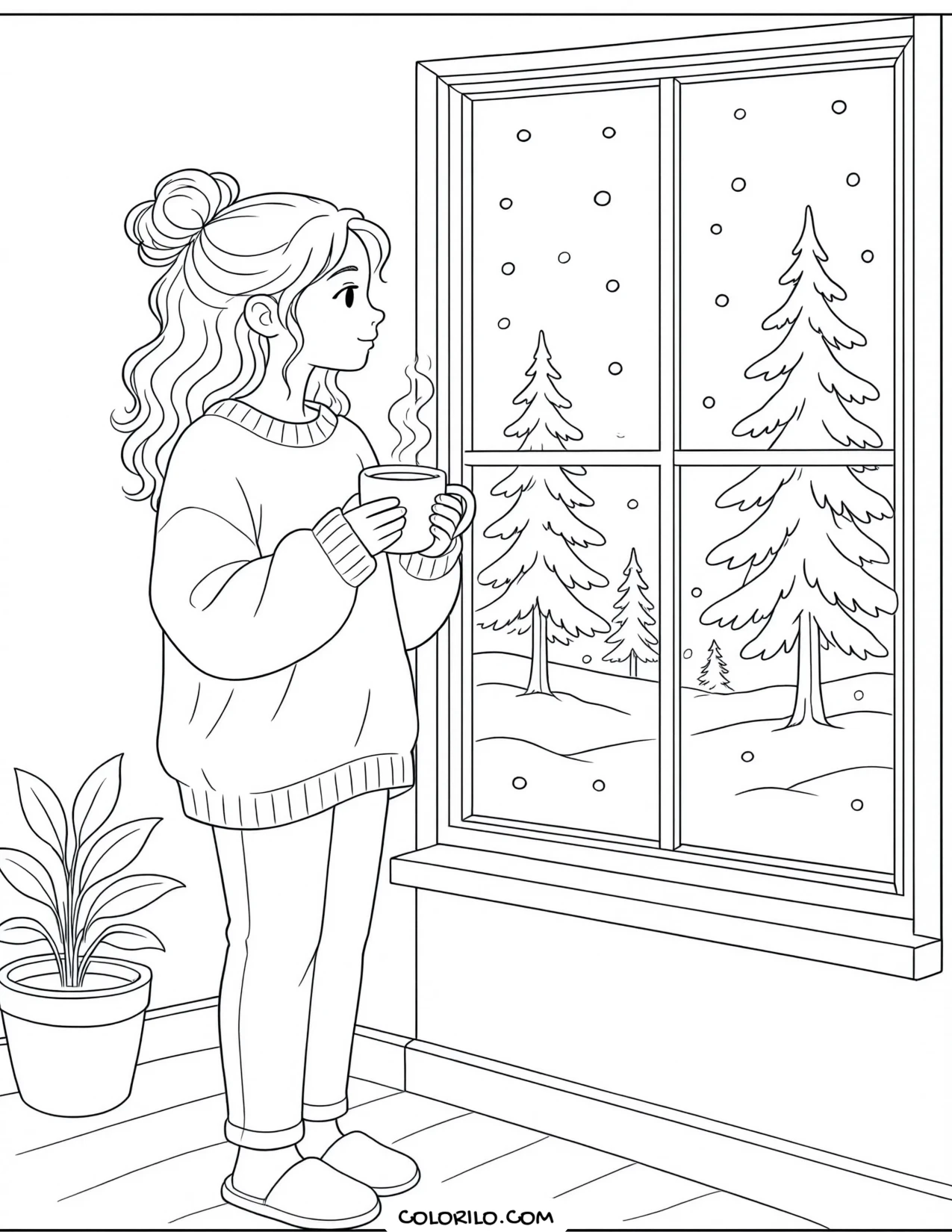 A woman with cocoa looking out at the snow coloring page
