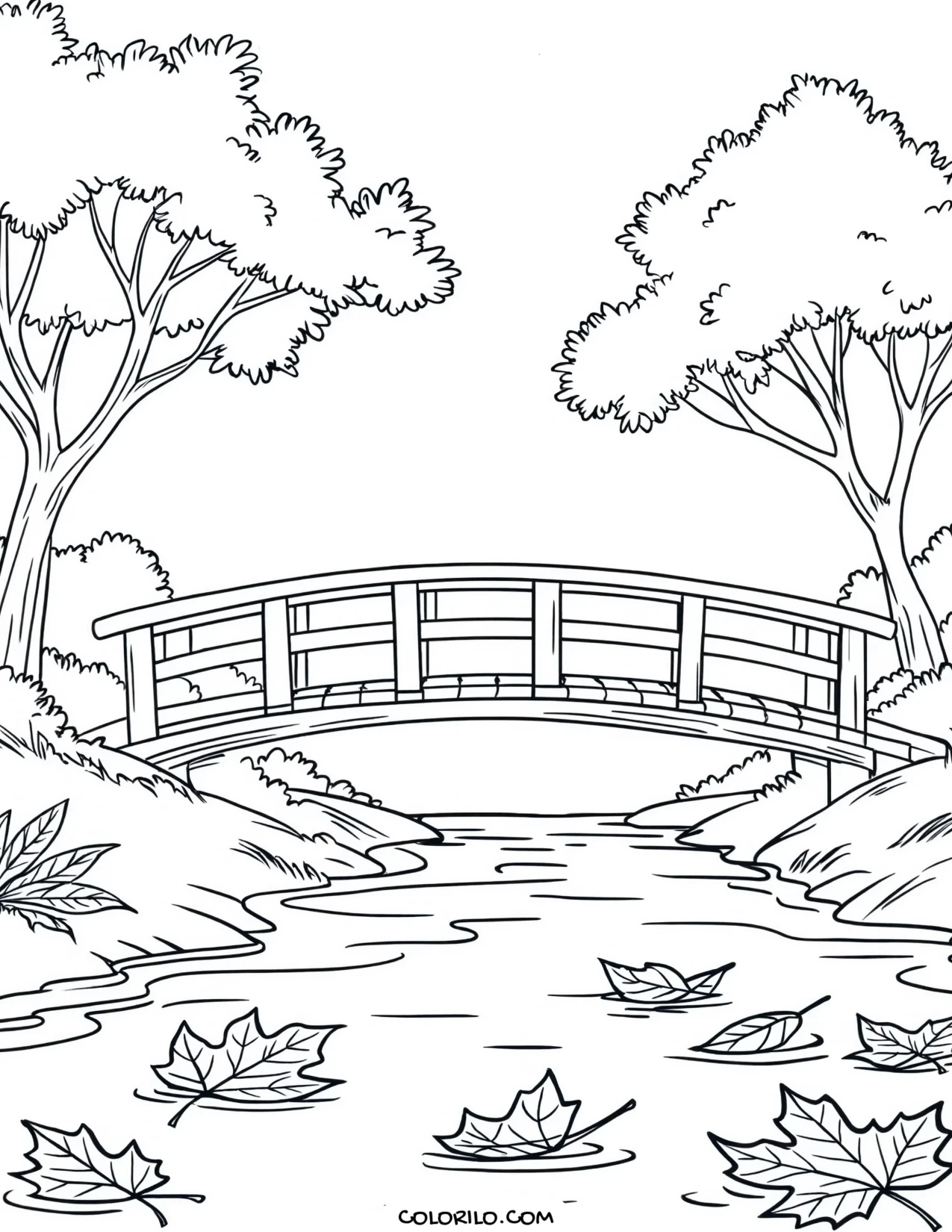 A wooden bridge crossing an autumn stream coloring page