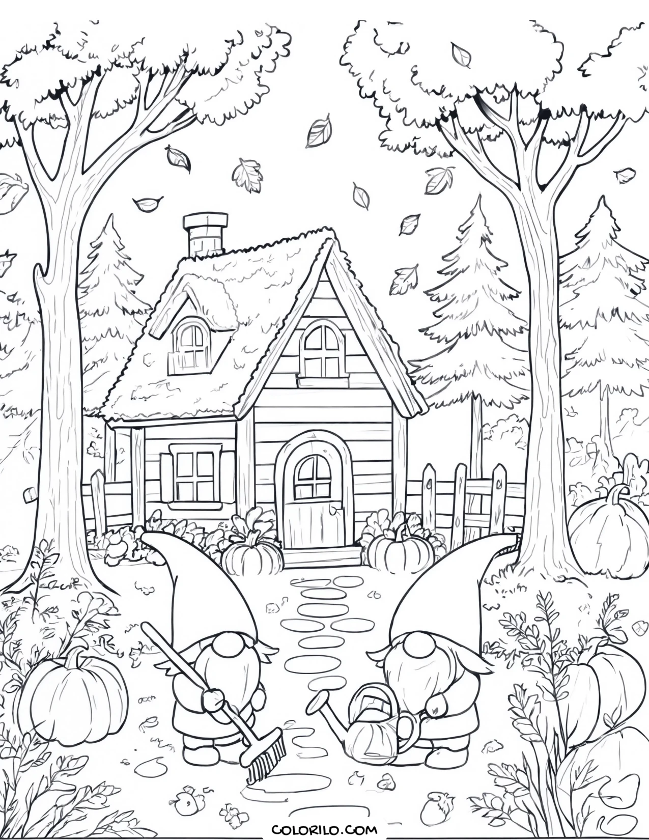 A woodland cottage with gnomes outside coloring page