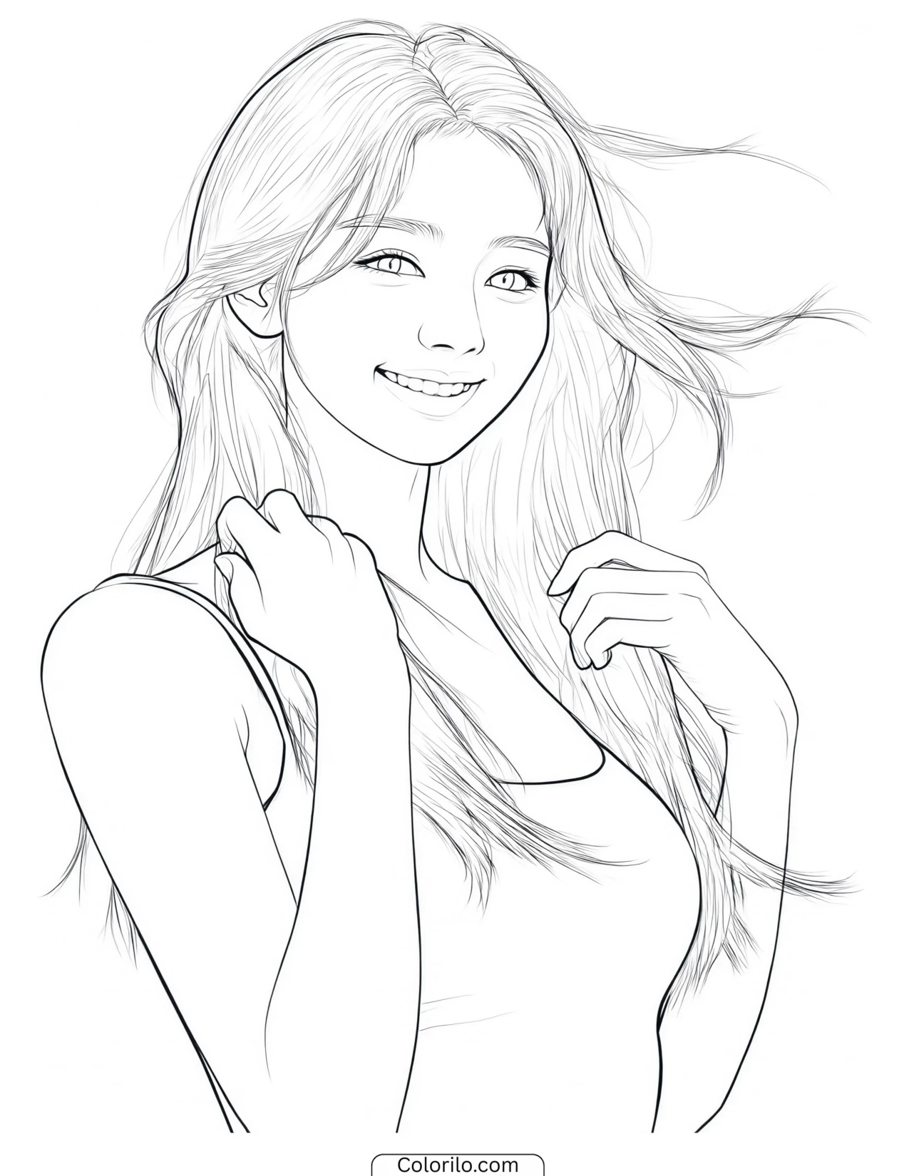 Yoonchae of KATSEYE with wind-blown hair coloring page