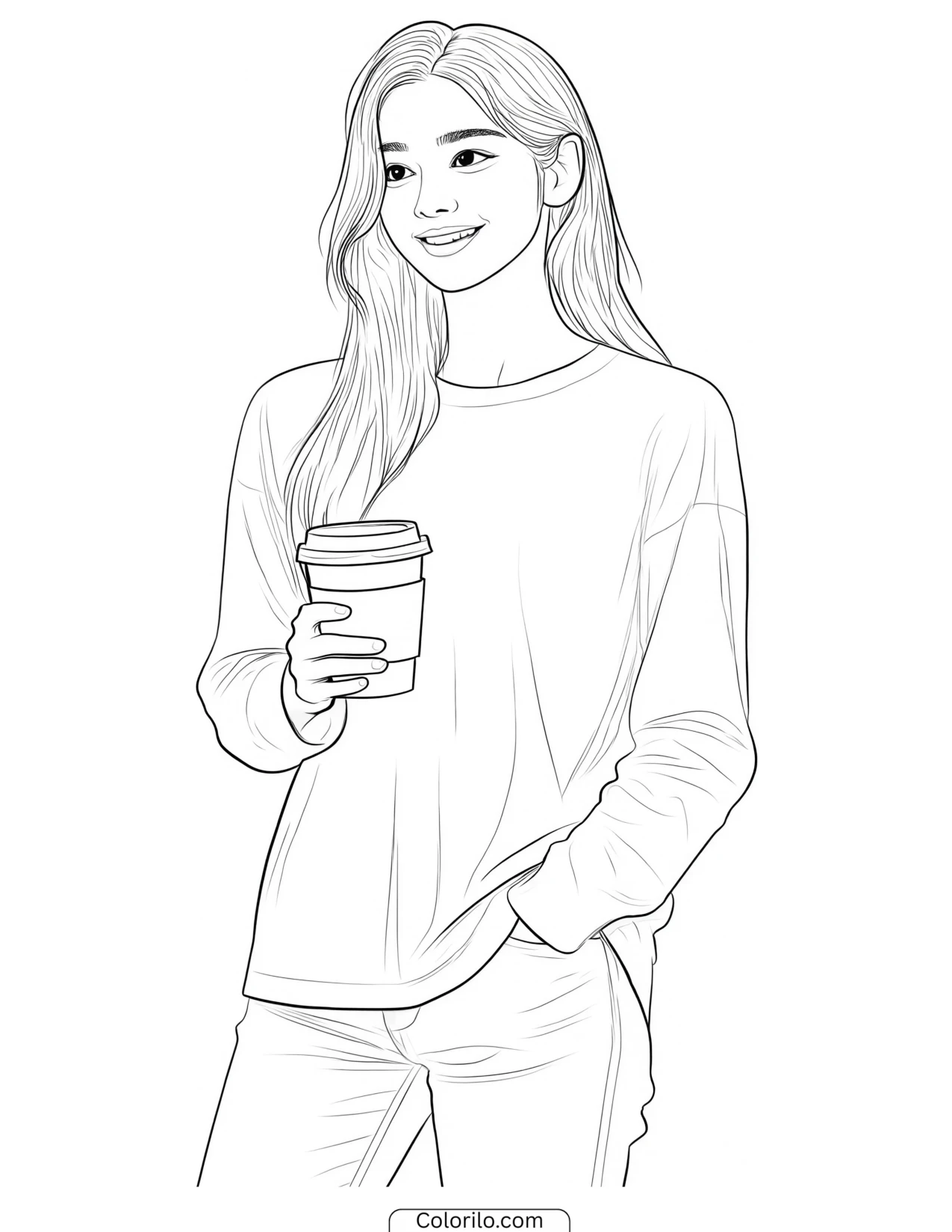 Yoonchae of KATSEYE holding a takeaway coffee coloring page