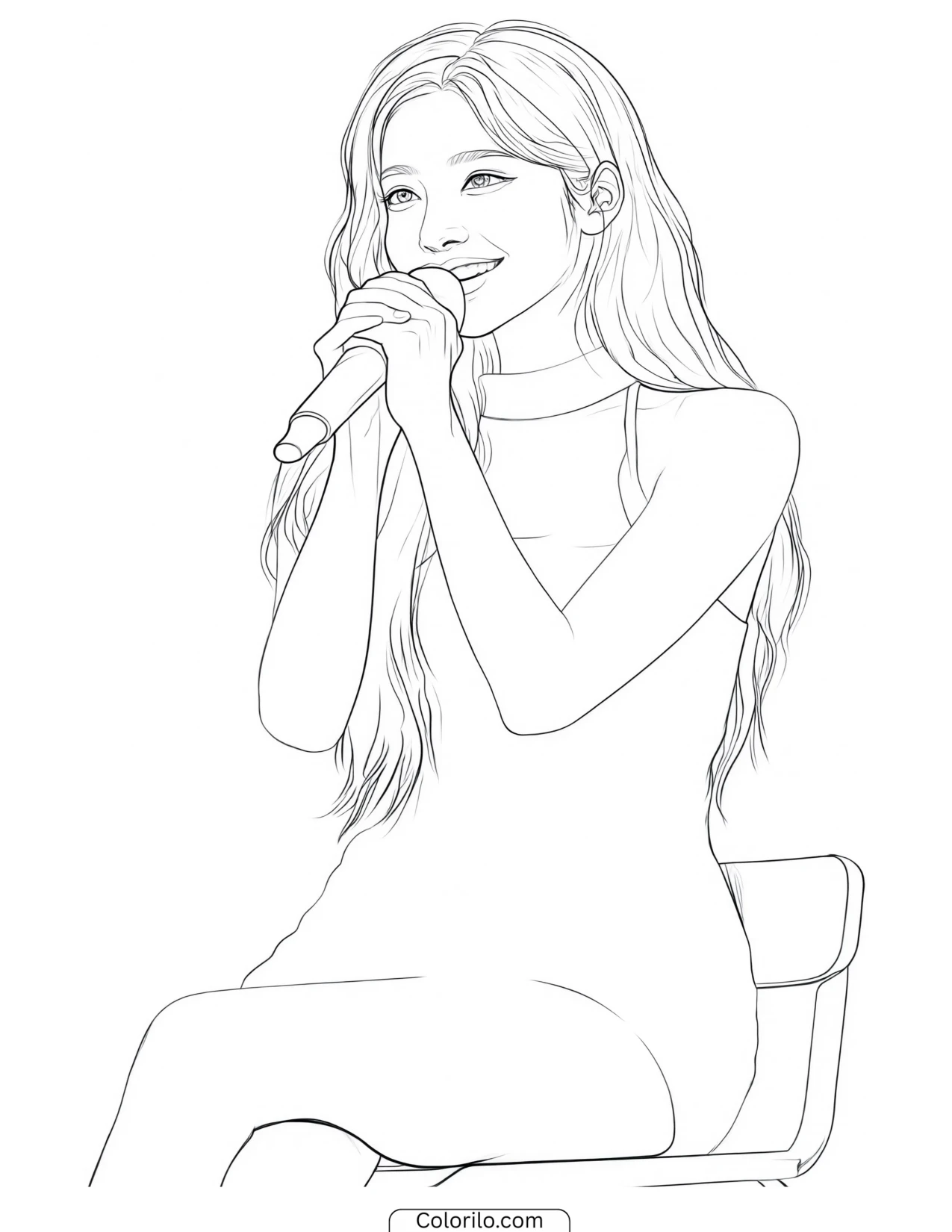 Yoonchae of KATSEYE seated and singing into a microphone coloring page