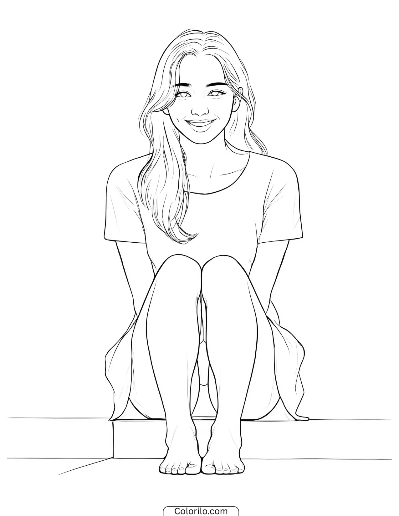 Yoonchae of KATSEYE sitting on a low step coloring page